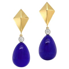 18K Yellow Gold Pyramid Gold Lapis Lazuli and Diamond Drop Earrings