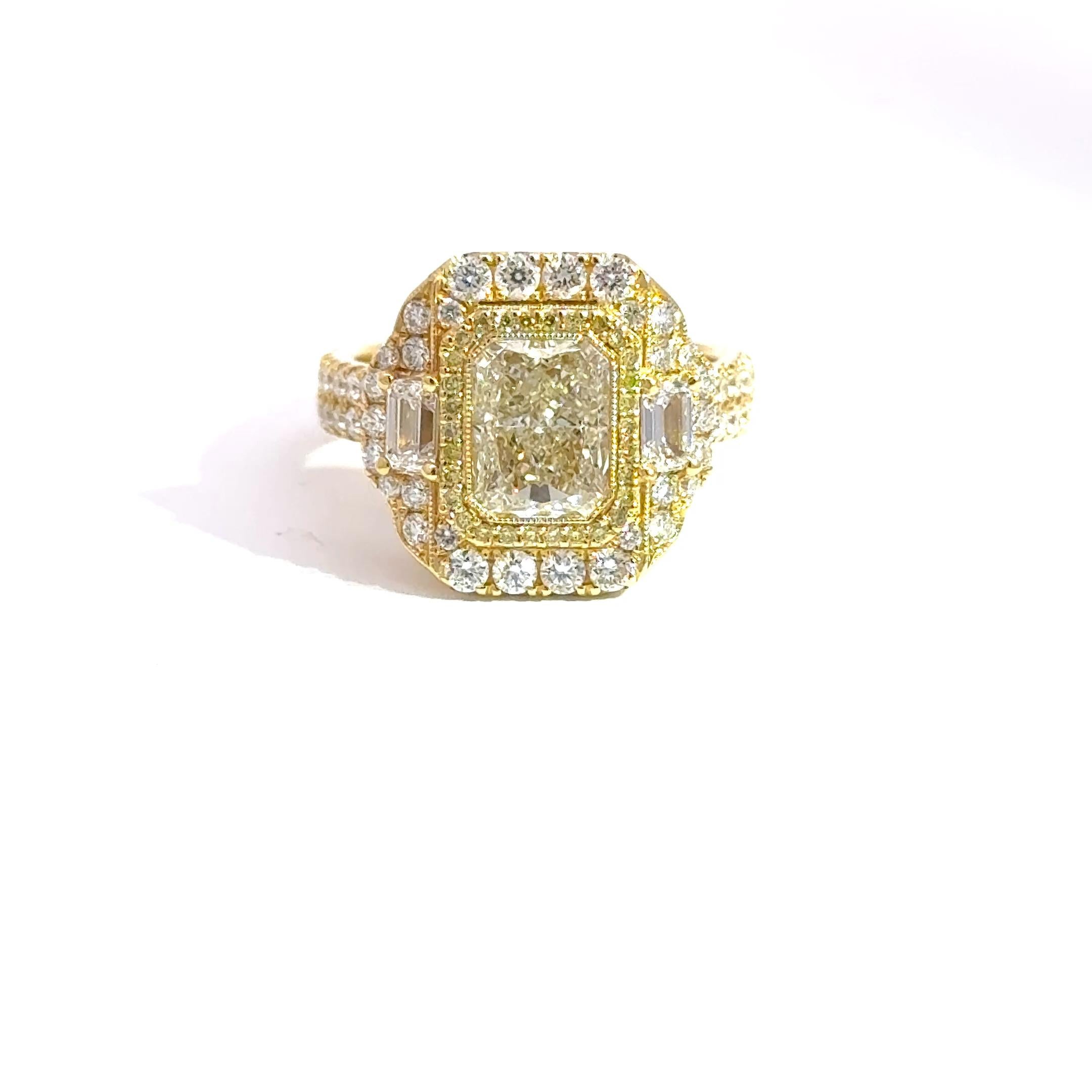 Command attention with this exceptional multi-diamond statement ring, masterfully crafted in rich 18K yellow gold. At the center lies a dazzling 2.01 carat radiant cut diamond, prized for its brilliant faceting and elegant silhouette. This center