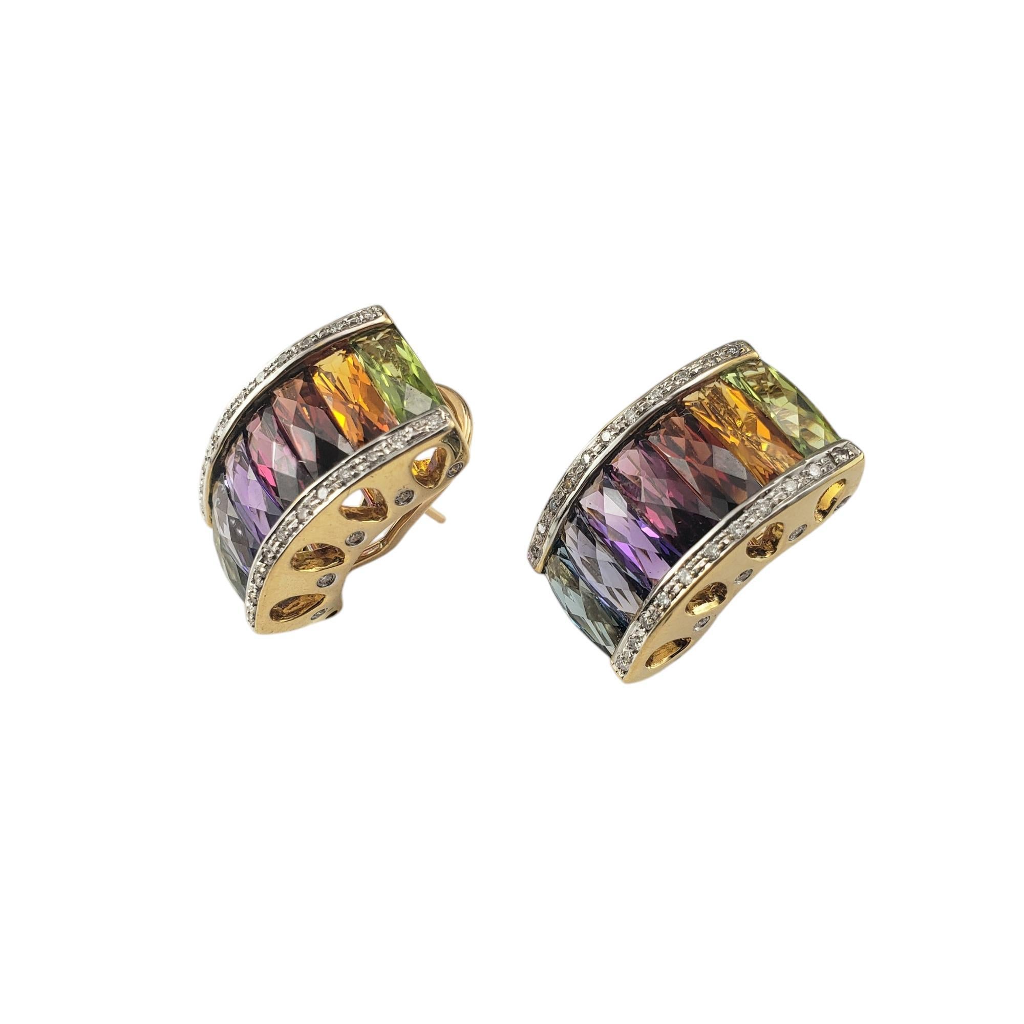 18K Yellow Gold Rainbow Gemstone and Diamond Earrings JAGi Certified-

These stunning earrings feature 14 fancy checkerboard rectangular cut stones including: 2 peridots, 2 citrines, 2 garnets, tow rhodolite garnets, 2 iolites, and 2 blue topazes