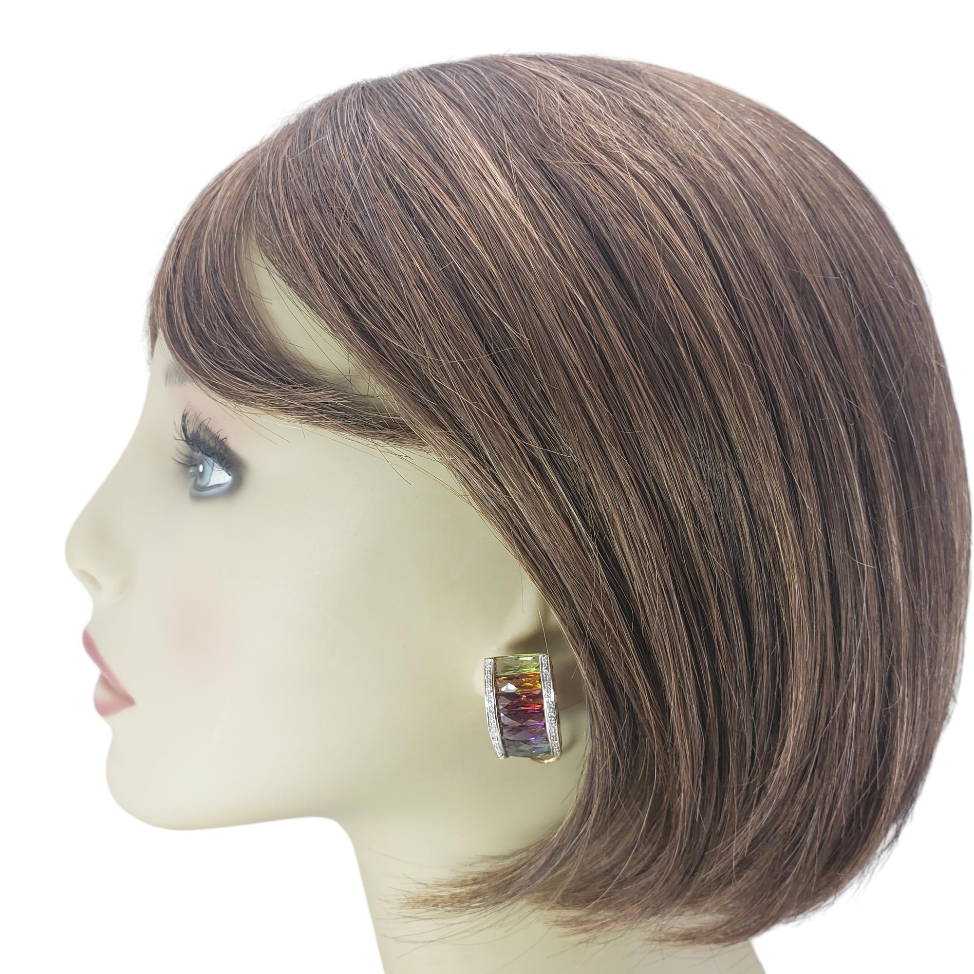 Women's 18K Yellow Gold Rainbow Gemstone and Diamond Omega Back Earrings  #20720 For Sale