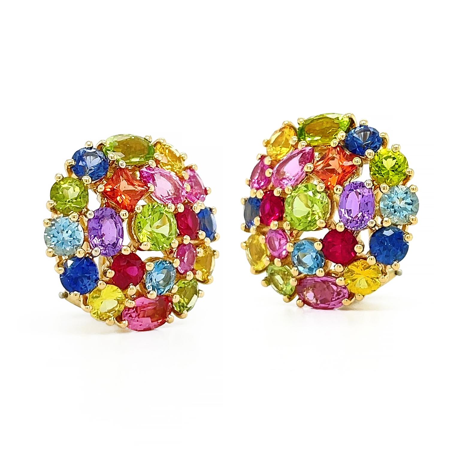 Round Cut 18K Yellow Gold Rainbow Gemstone Earrings For Sale