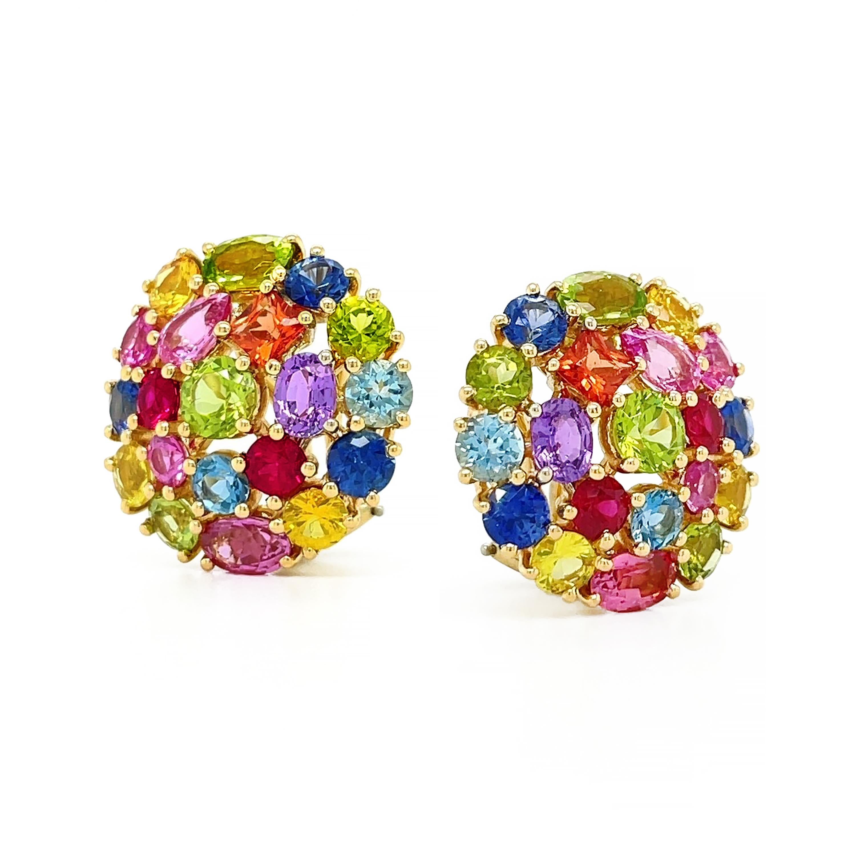 18K Yellow Gold Rainbow Gemstone Earrings In New Condition For Sale In New York, NY