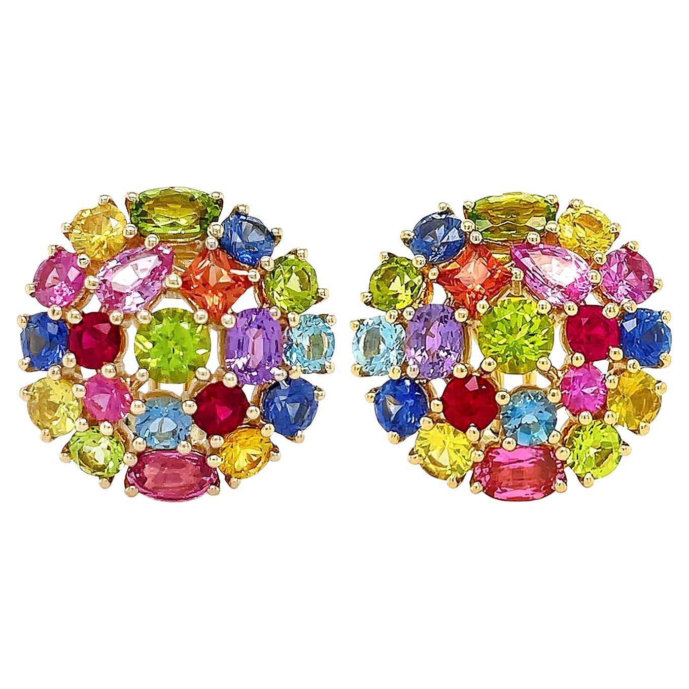 18K Yellow Gold Rainbow Gemstone Earrings