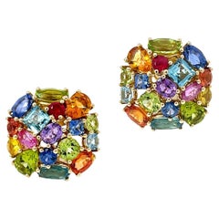 18K Yellow Gold Rainbow Multicolor Gemstone Collage Cushion Earrings
