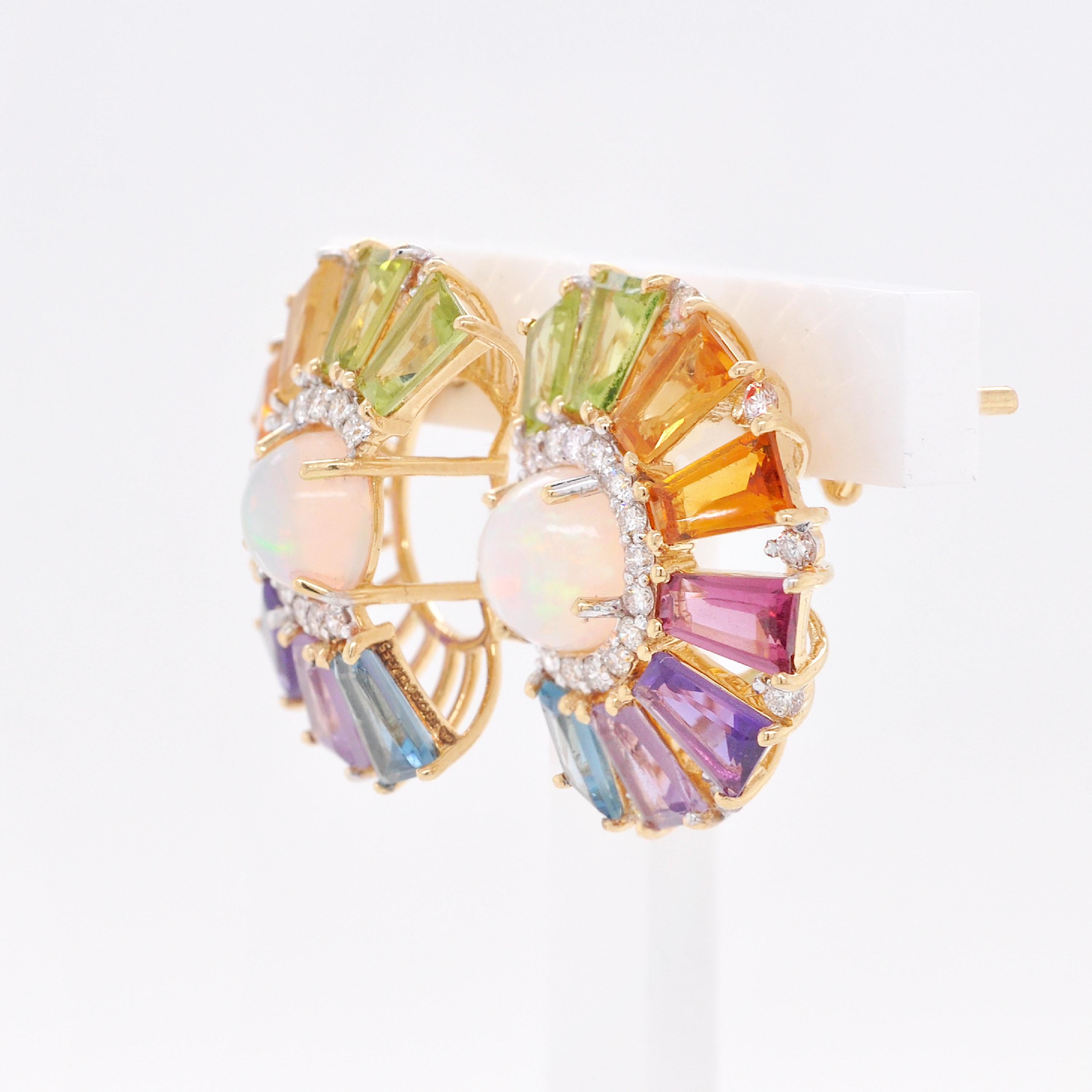 18K Yellow Gold Rainbow Multicolor Gemstone Diamond Ethiopian Opal Deco Earrings For Sale 4