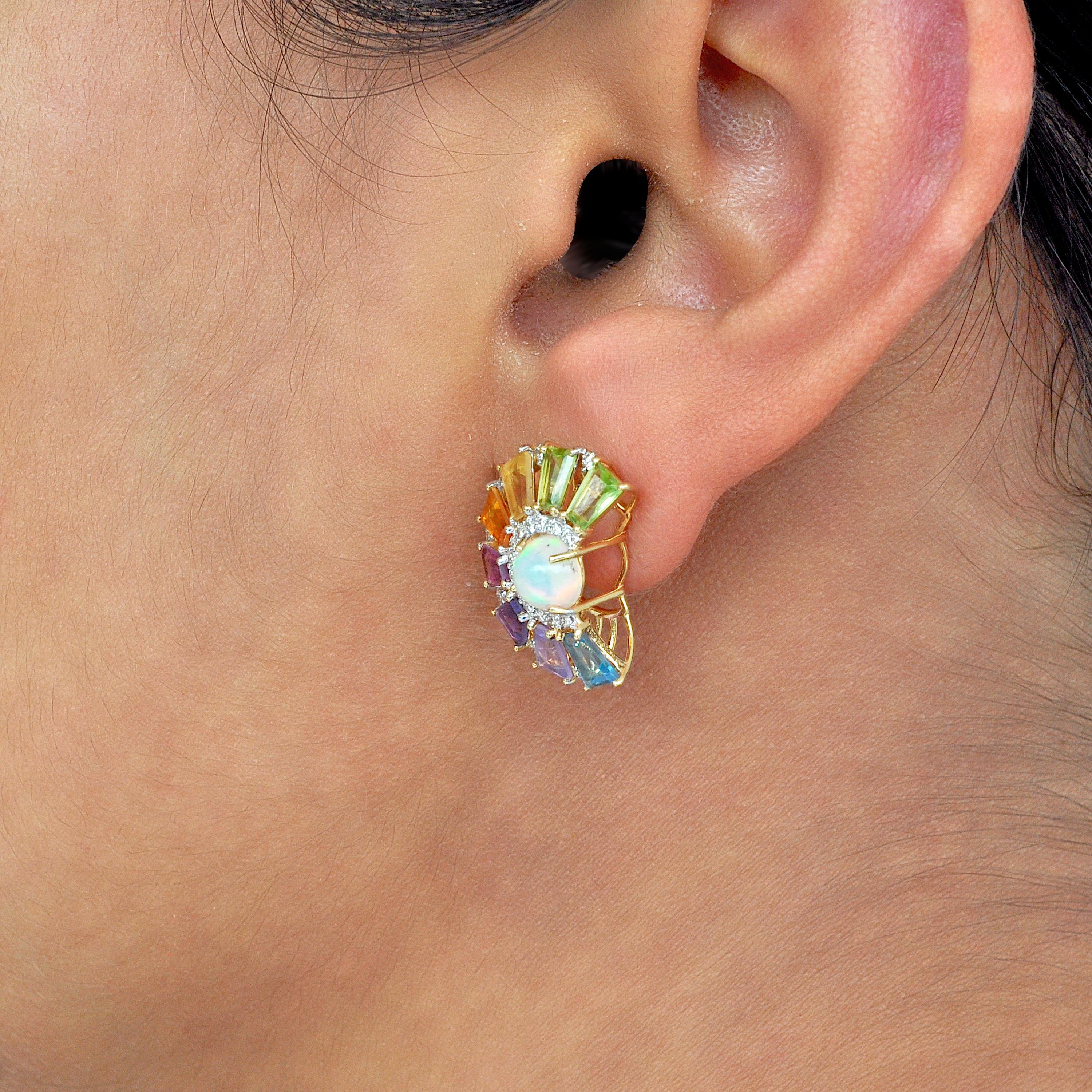 18K Yellow Gold Rainbow Multicolor Gemstone Diamond Ethiopian Opal Deco Earrings For Sale 5