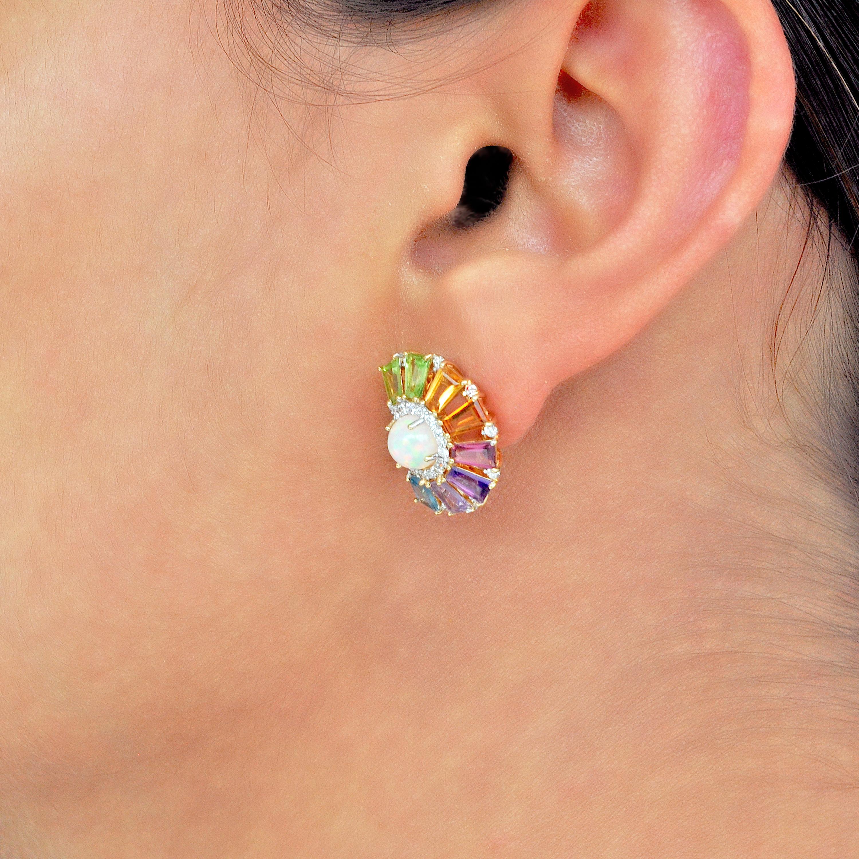 18K Yellow Gold Rainbow Multicolor Gemstone Diamond Ethiopian Opal Deco Earrings For Sale 6
