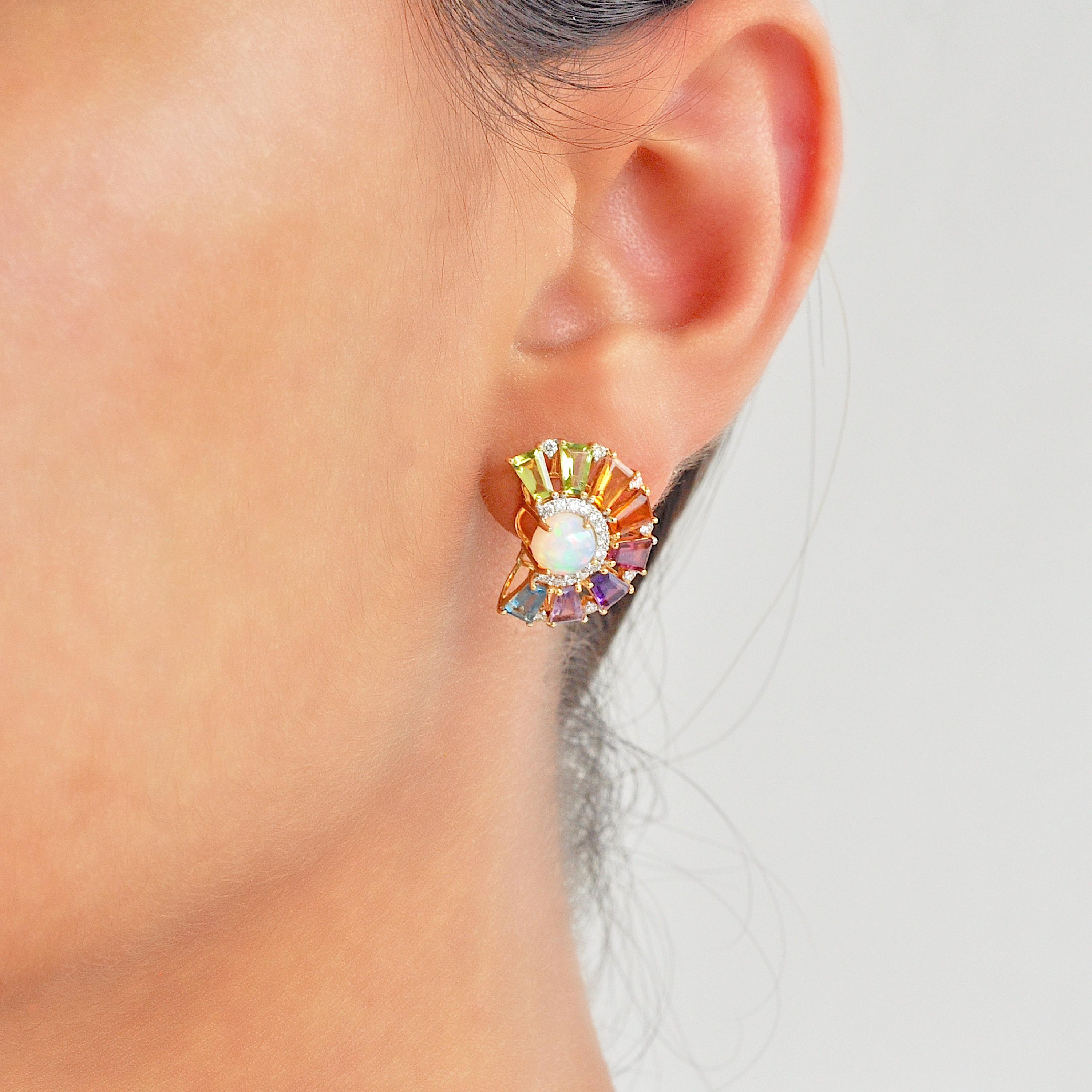 18K Yellow Gold Rainbow Multicolor Gemstone Diamond Ethiopian Opal Deco Earrings For Sale 7