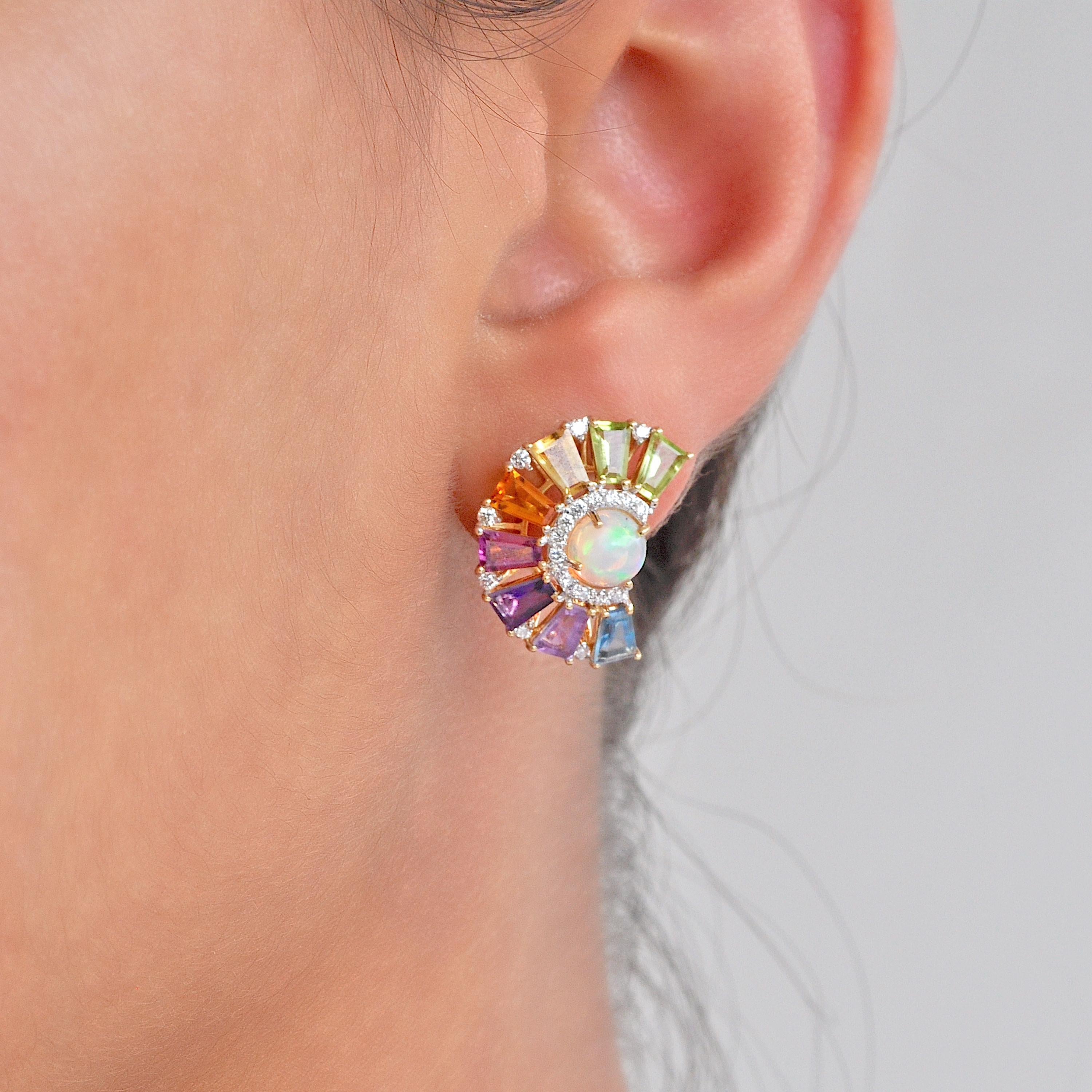18 karat yellow gold rainbow multicolor gemstone ferris wheel diamond natural ethiopian opal deco earrings.

Immerse yourself in whimsical elegance with our 18k gold rainbow ferris wheel earrings—a charming testament to fun and sophistication.