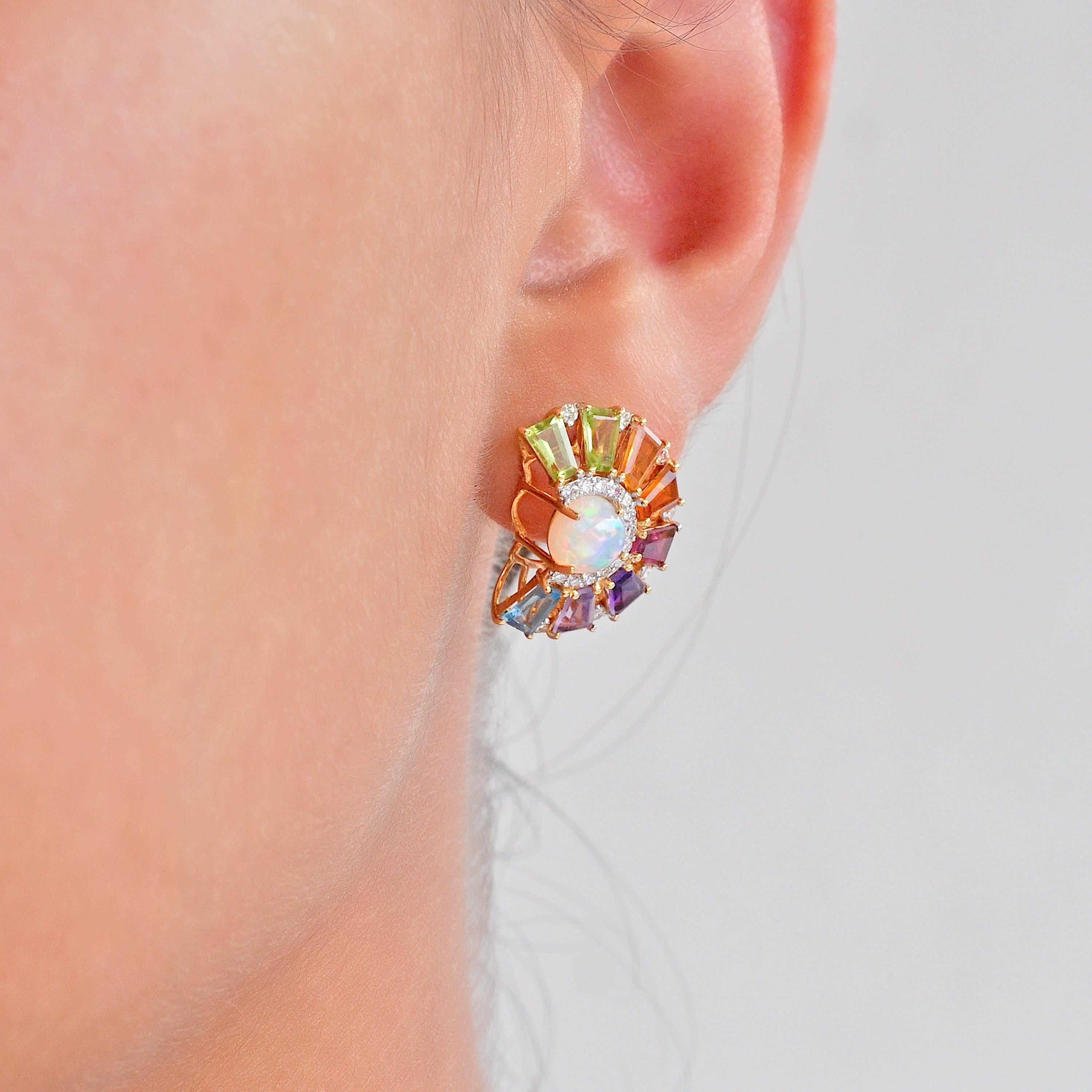 Contemporary 18K Yellow Gold Rainbow Multicolor Gemstone Diamond Ethiopian Opal Deco Earrings For Sale