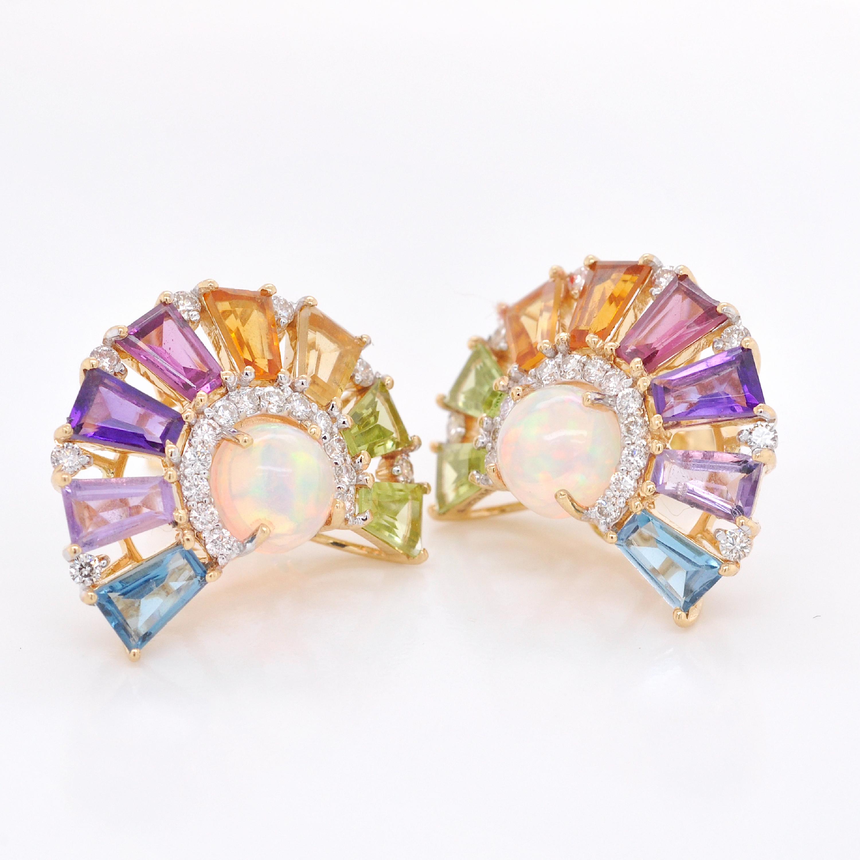 Tapered Baguette 18K Yellow Gold Rainbow Multicolor Gemstone Diamond Ethiopian Opal Deco Earrings For Sale