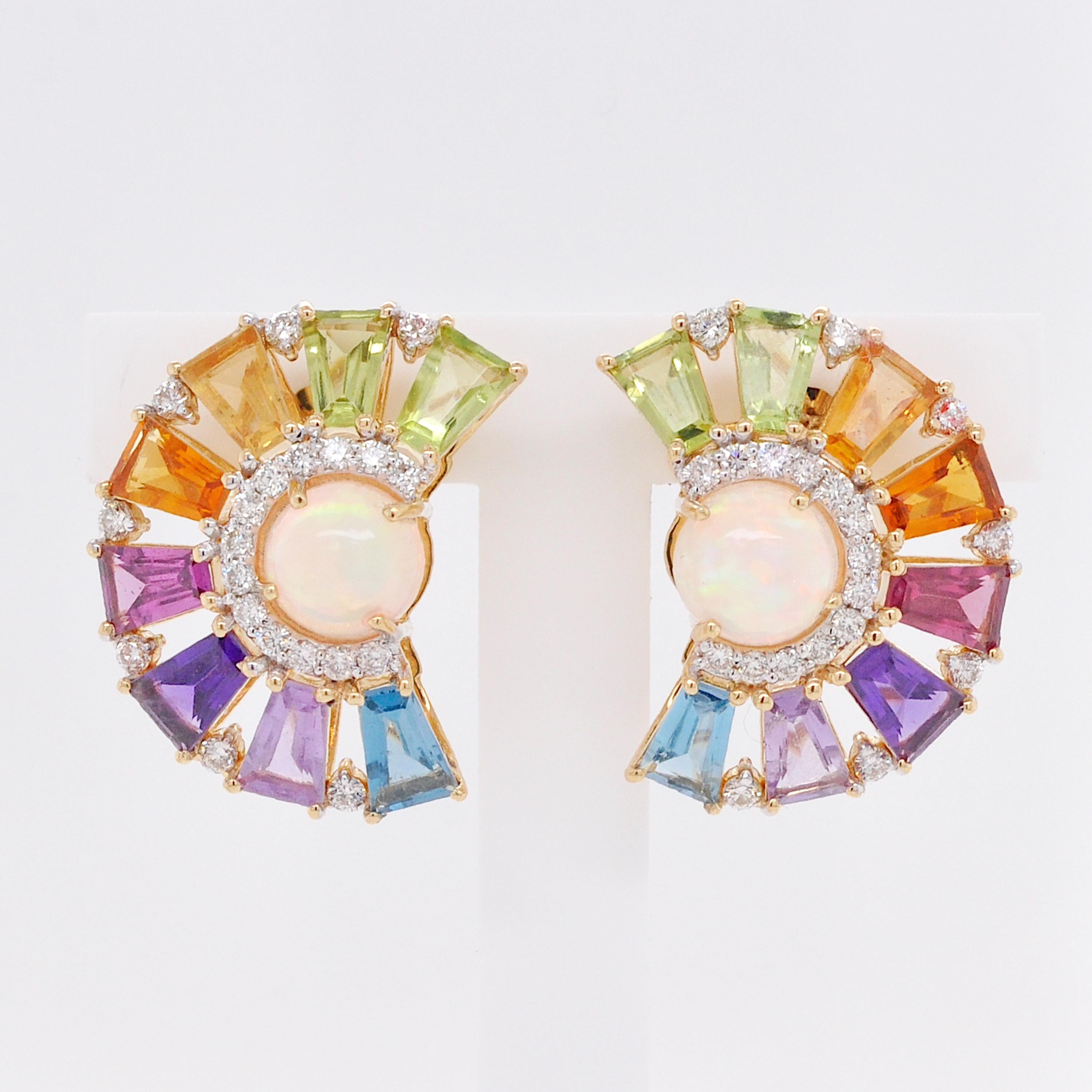 18K Yellow Gold Rainbow Multicolor Gemstone Diamond Ethiopian Opal Deco Earrings In New Condition For Sale In Jaipur, Rajasthan