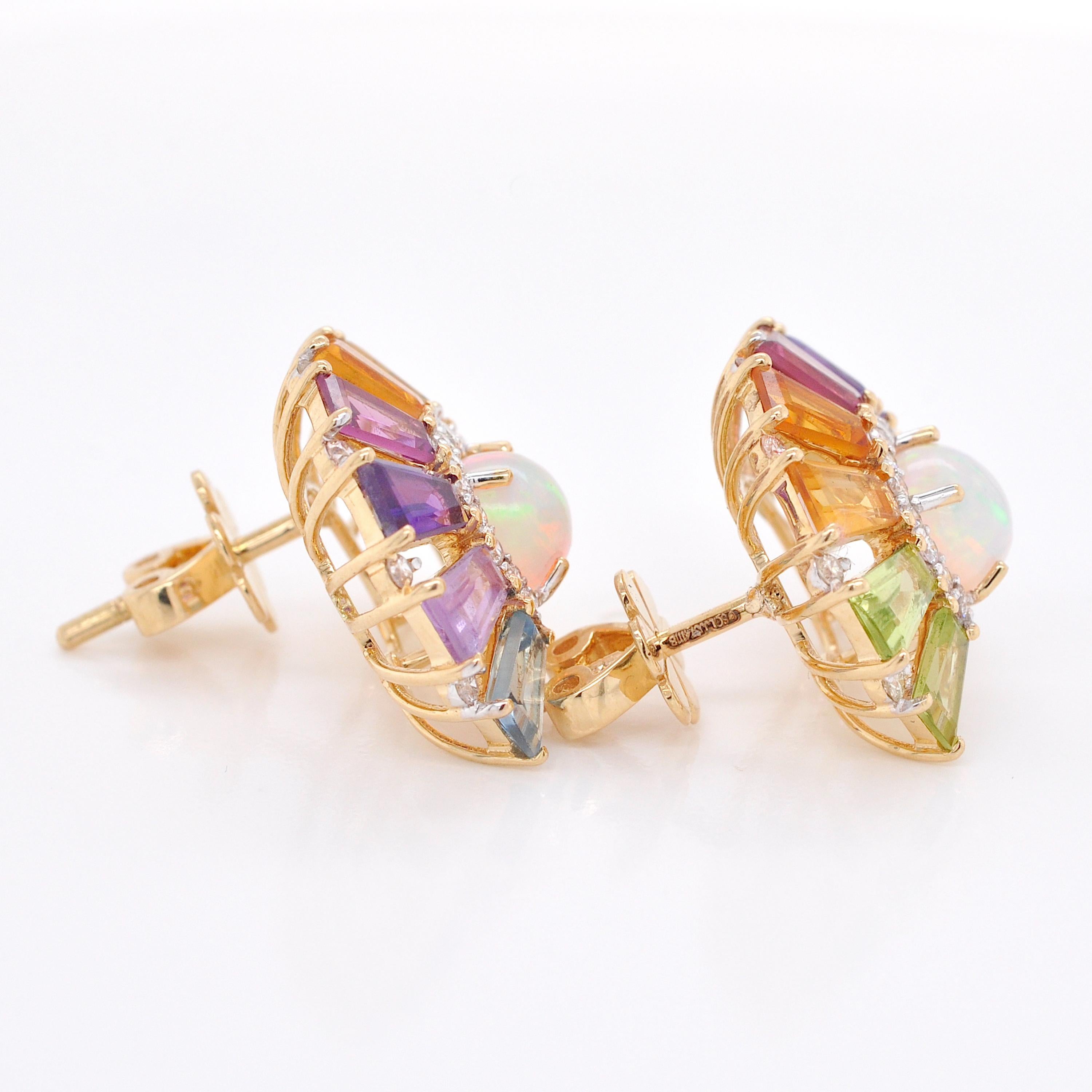 Women's 18K Yellow Gold Rainbow Multicolor Gemstone Diamond Ethiopian Opal Deco Earrings For Sale