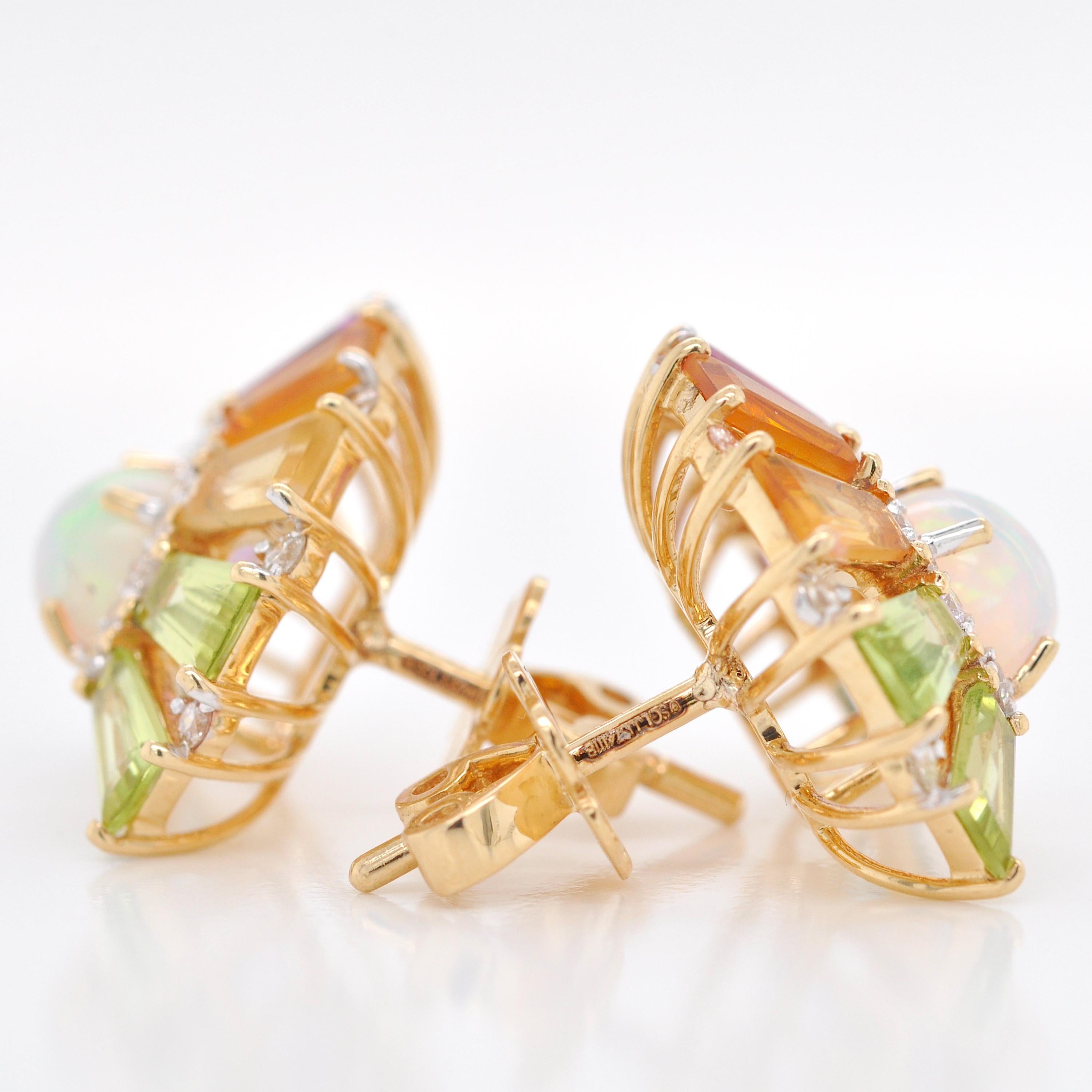 18K Yellow Gold Rainbow Multicolor Gemstone Diamond Ethiopian Opal Deco Earrings For Sale 1