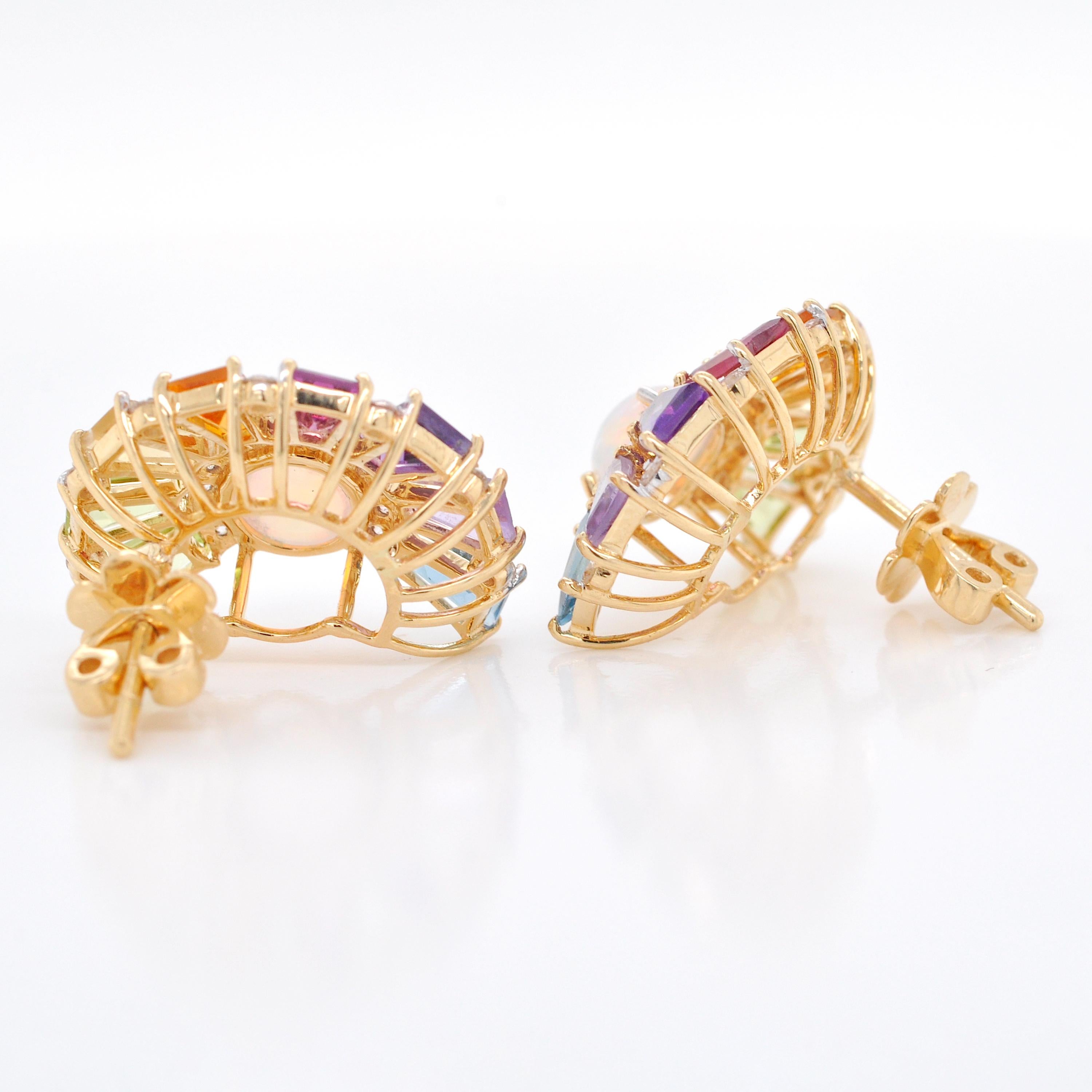 18K Yellow Gold Rainbow Multicolor Gemstone Diamond Ethiopian Opal Deco Earrings For Sale 3