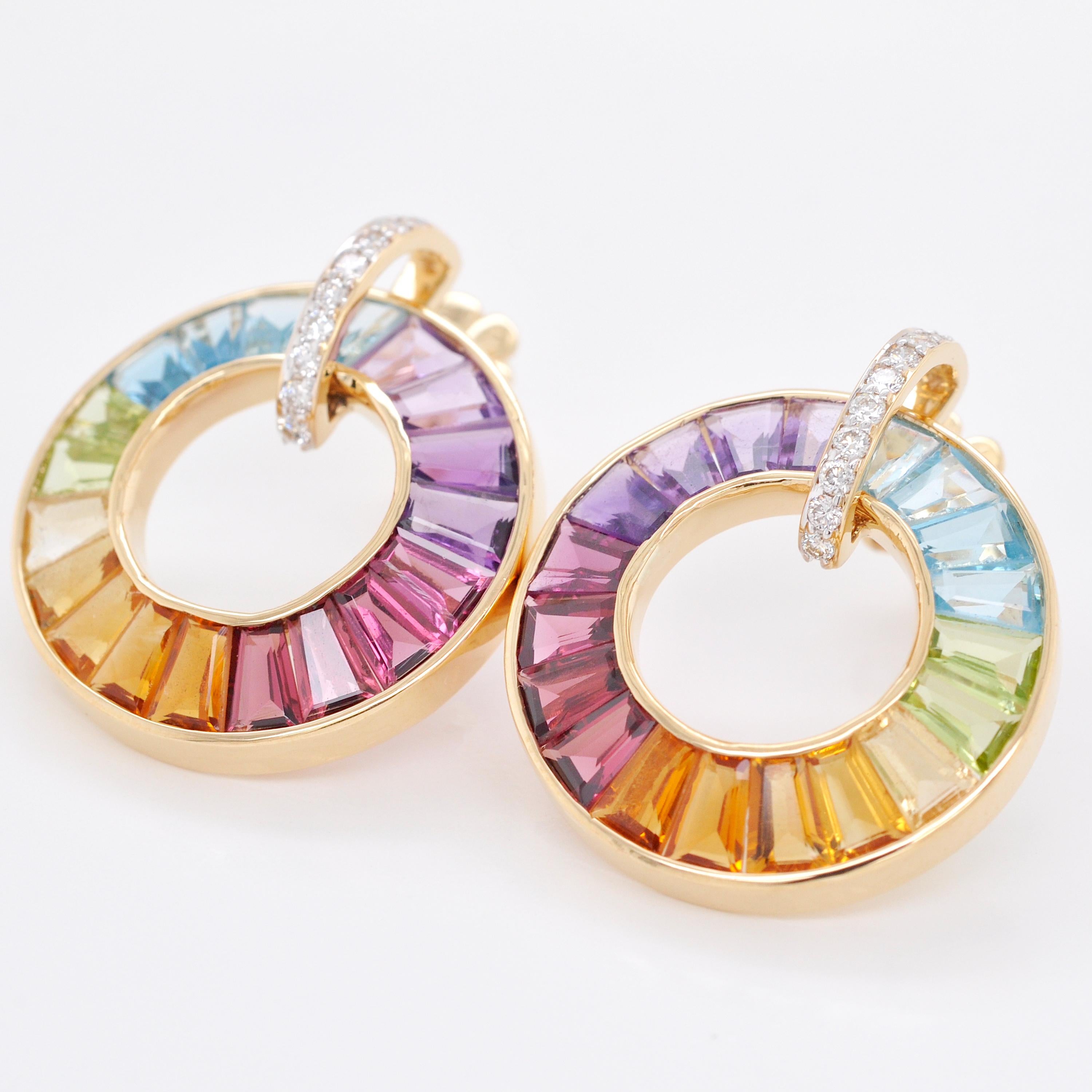 18K Yellow Gold Art Deco Inspired Rainbow Gemstones Diamond Circle Stud Earrings For Sale 3