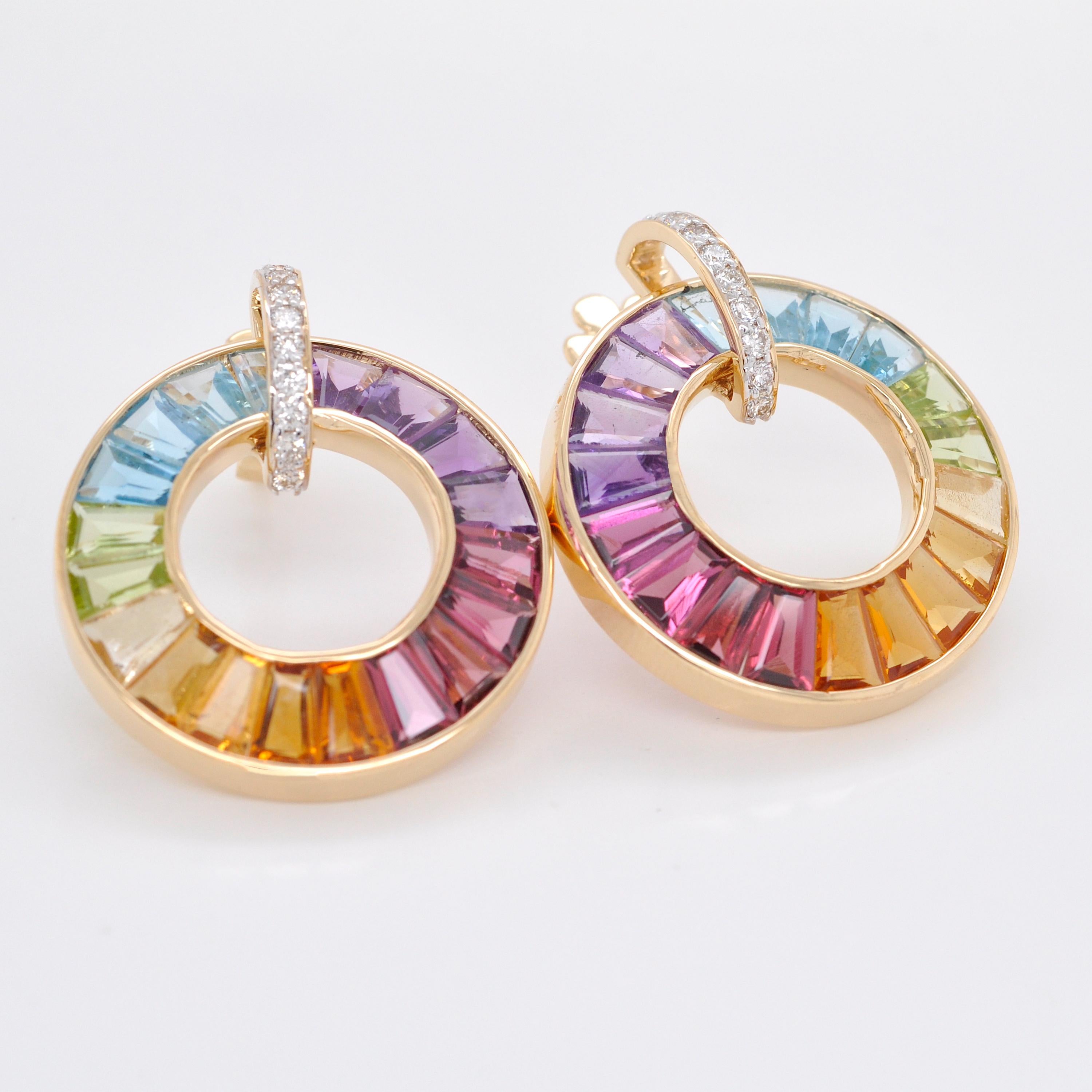 18K Yellow Gold Art Deco Inspired Rainbow Gemstones Diamond Circle Stud Earrings For Sale 2