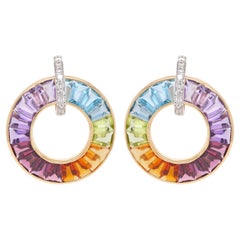 18K Yellow Gold Art Deco Inspired Rainbow Gemstones Diamond Circle Stud Earrings