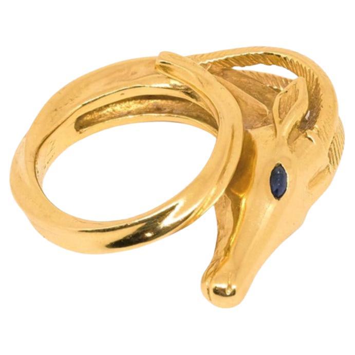 18K Yellow Gold Ram Sapphire Eyes Ring For Sale