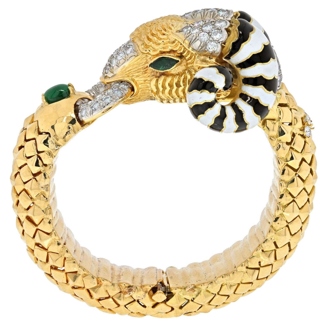 18K Yellow Gold Ram with White and Black Enamel Horns Bracelet