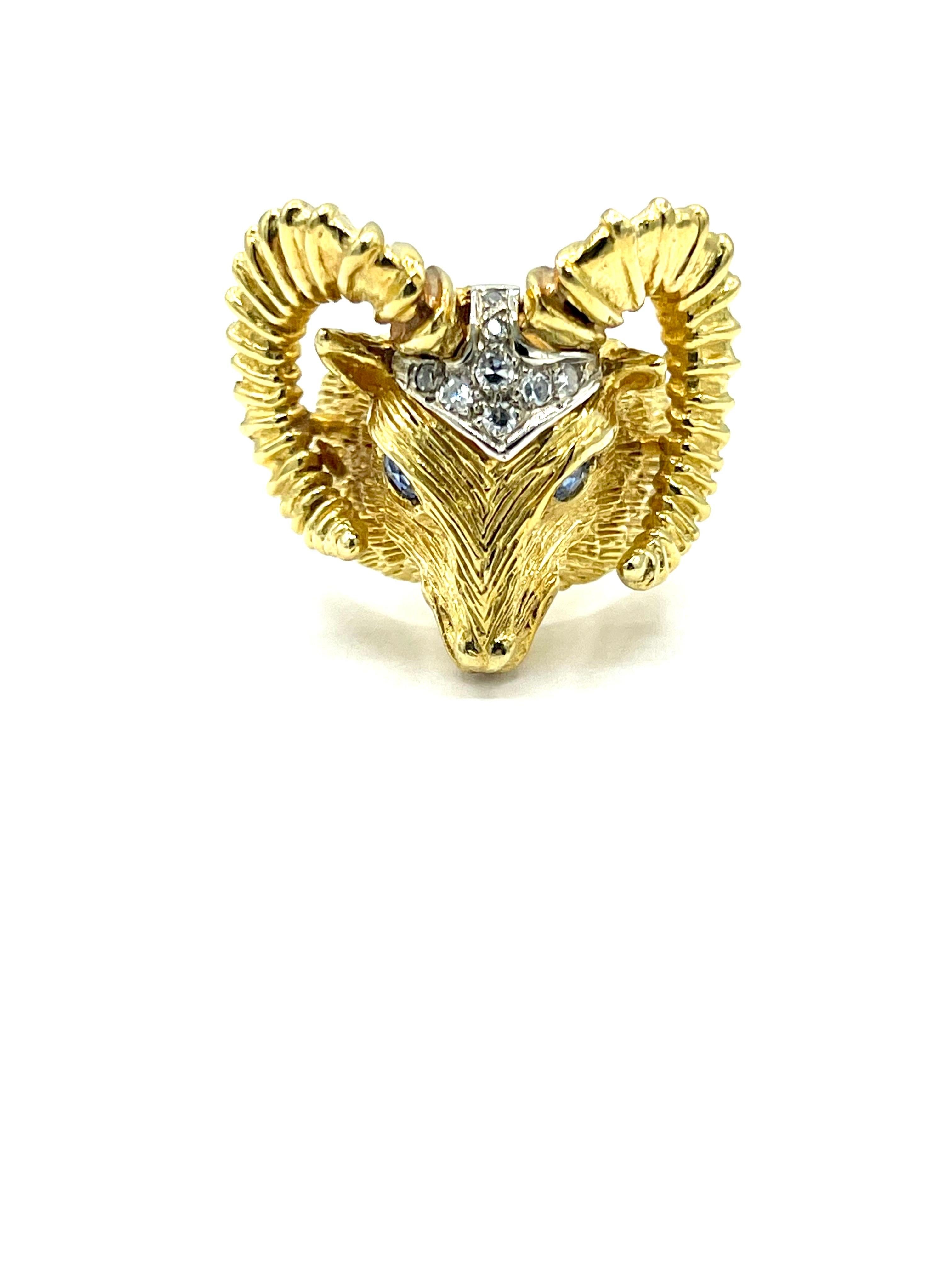 A beautifully handcrafted ram's head ring!  The attention to detail is fantastic.  The ram's horns and head are a textured finish to give a very realistic look.  The top of the ram's head contains seven Diamonds with a total weight of 0.14 carats,