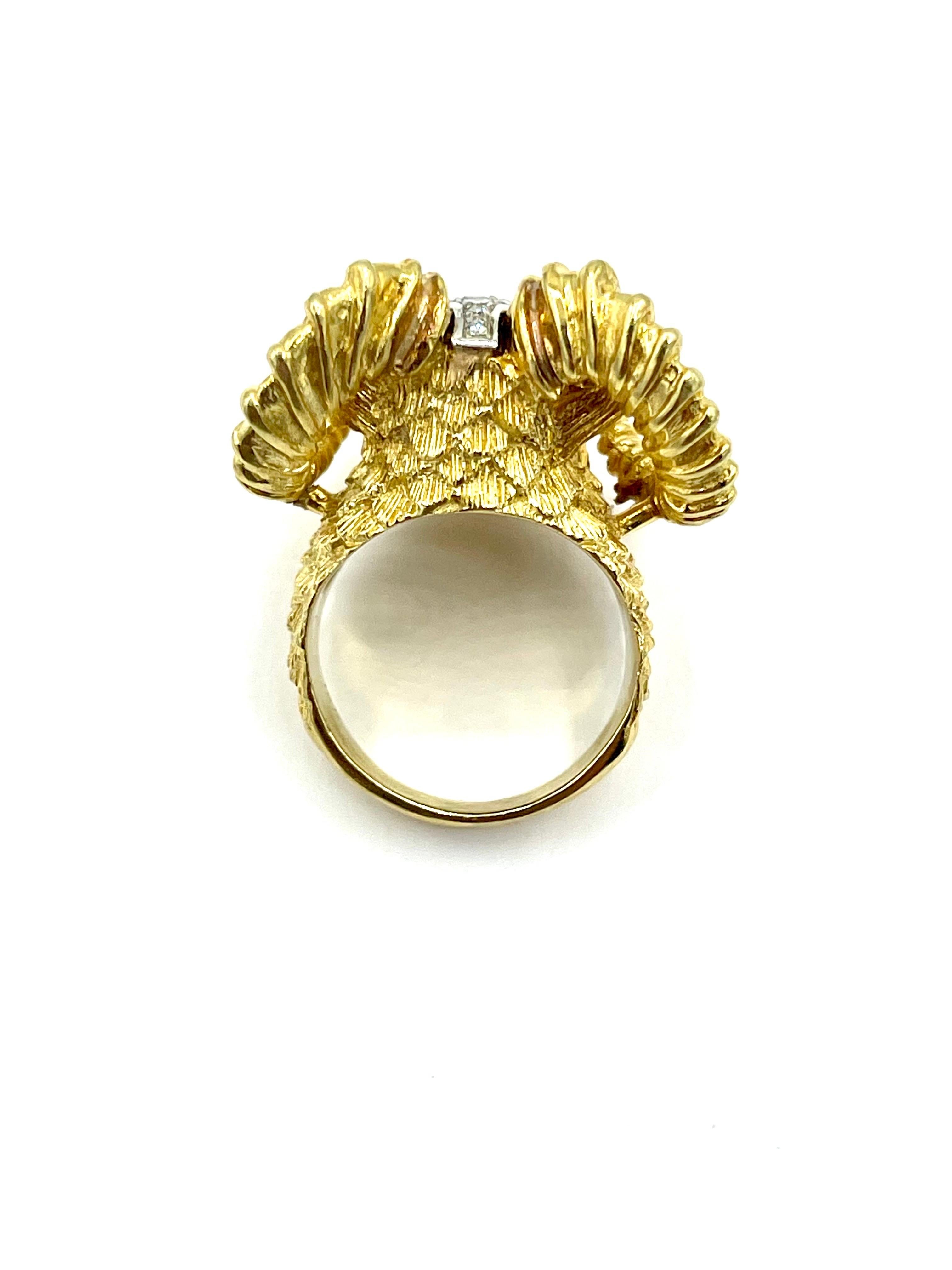Women's or Men's 18K Yellow Gold Rams Head Ring with 0.14 Carats in Diamonds