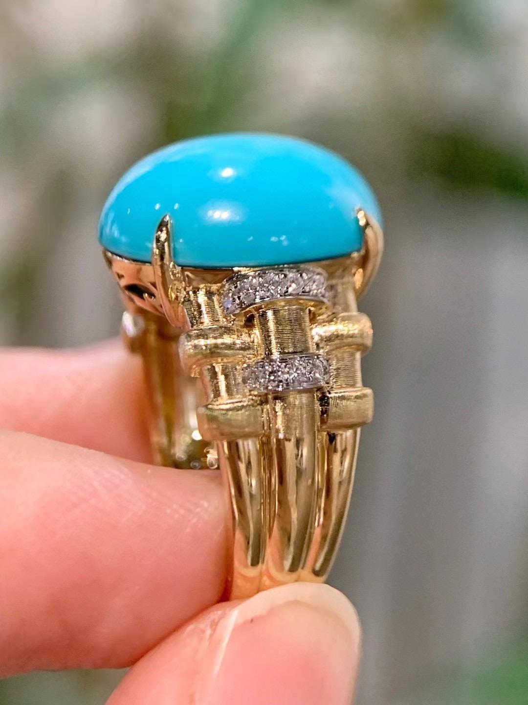 18 Karat Gelbgold Rohamerikanischer Türkis-Cocktailring mit Diamanten (Rundschliff) im Angebot