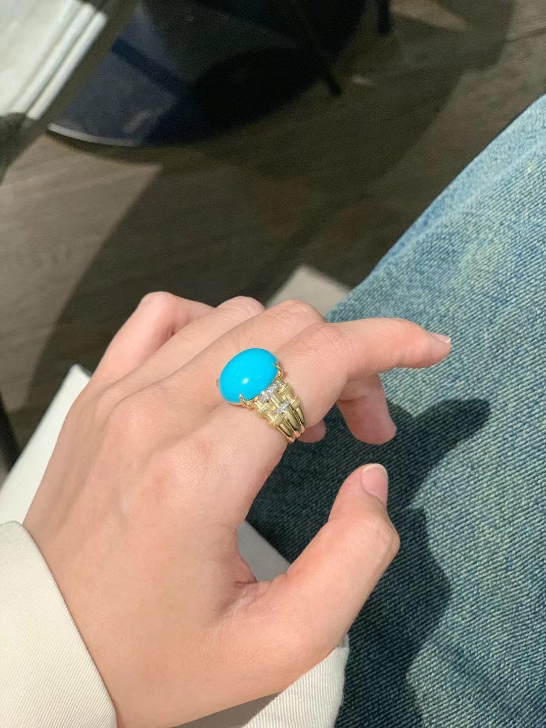 18 Karat Gelbgold Rohamerikanischer Türkis-Cocktailring mit Diamanten für Damen oder Herren im Angebot
