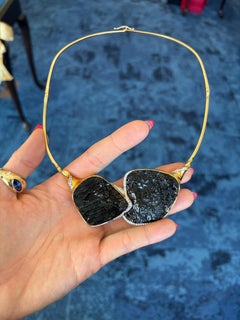 18K Yellow Gold Raw Black Tourmaline and Round Brilliant Cut Diamond Necklace