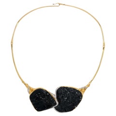 18K Yellow Gold Raw Black Tourmaline and Round Brilliant Cut Diamond Necklace