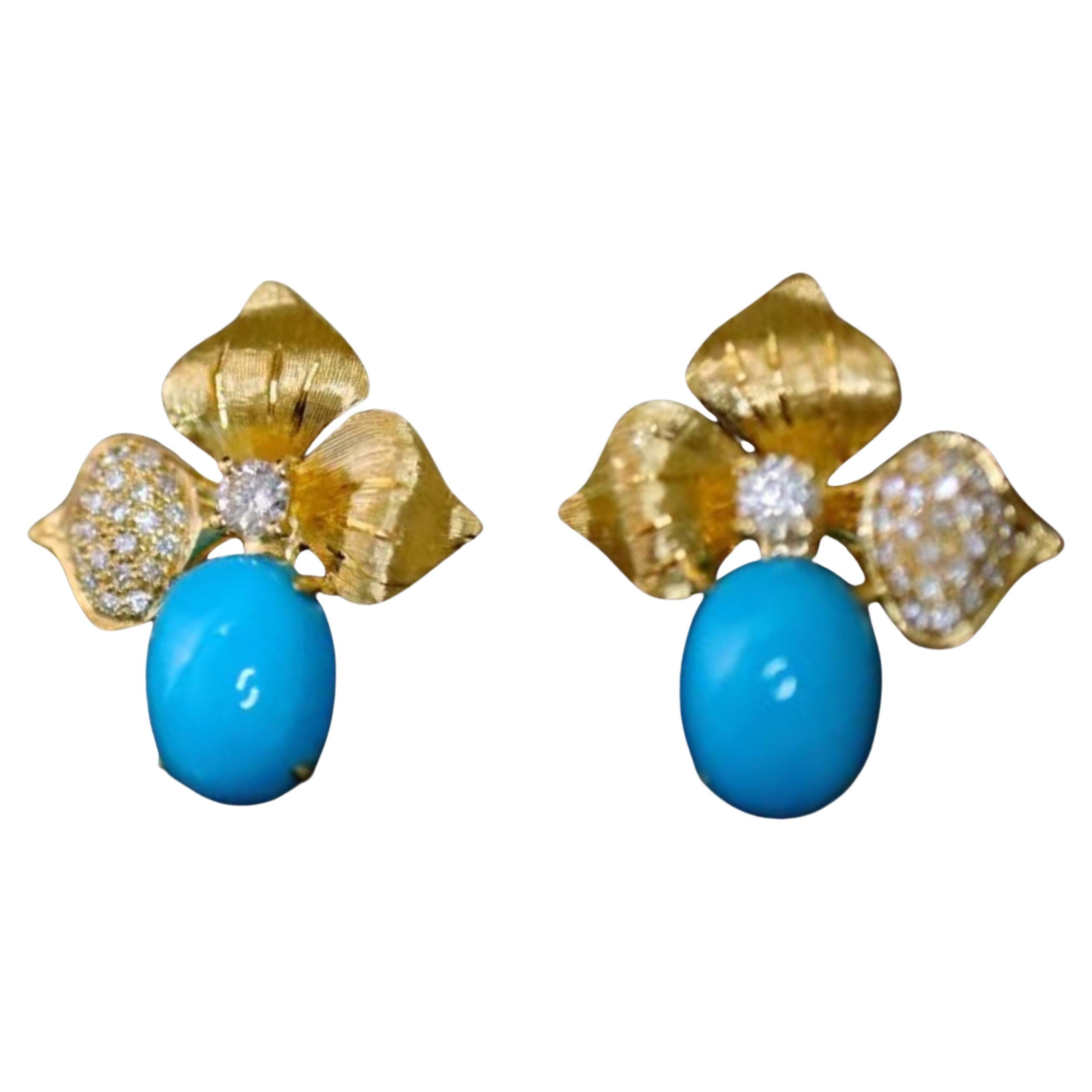 Vibrant Blue Sleeping Beauty Turquoise Diamond 18K Yellow Gold Earrings