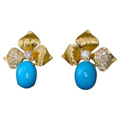 Vibrant Blue Sleeping Beauty Turquoise Diamond 18K Yellow Gold Earrings