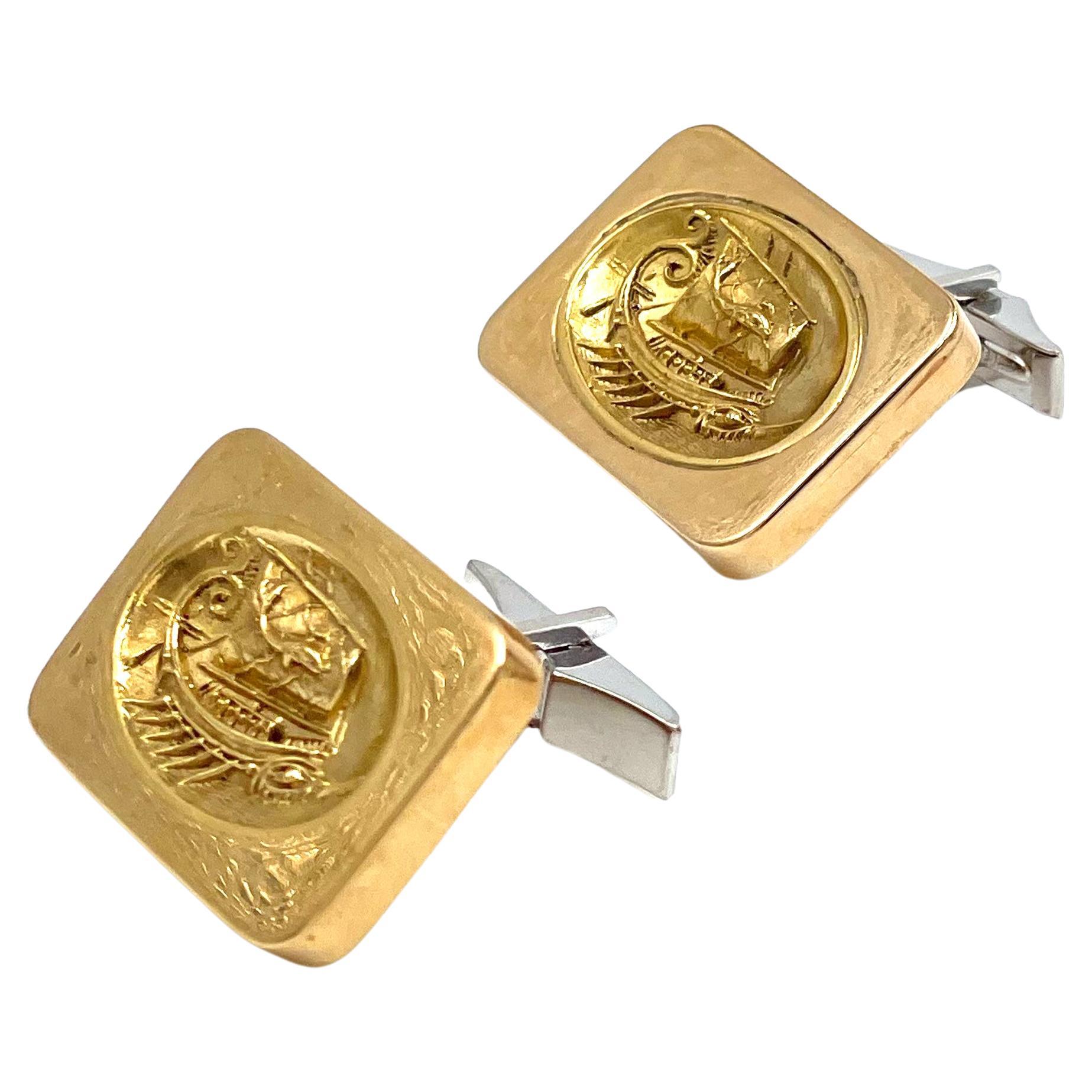18K Yellow Gold Rectangular Cufflinks with Viking Motif For Sale