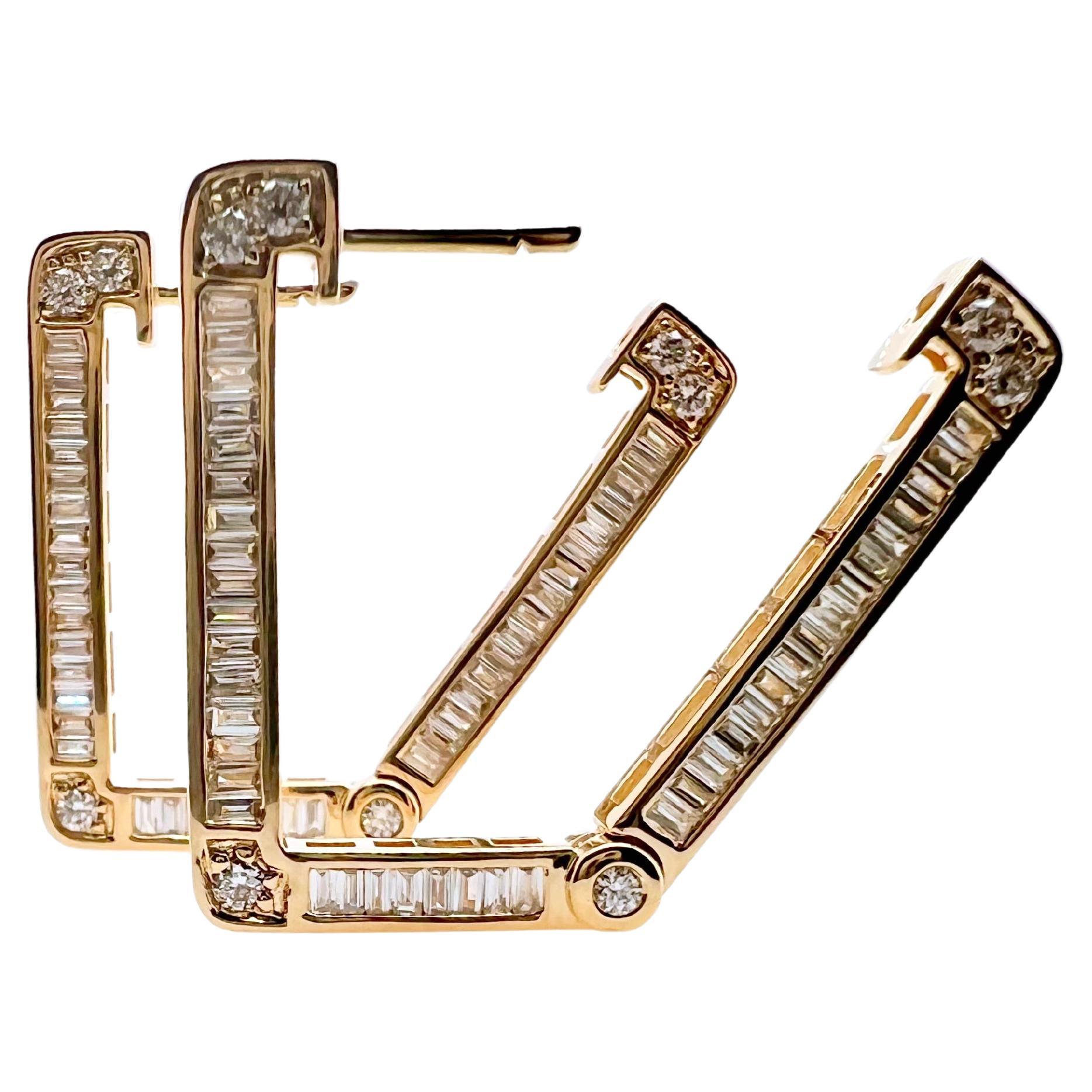 Rechteckige Creolen aus 18 Karat Gelbgold mit 3 Seiten mit Diamanten für Damen oder Herren