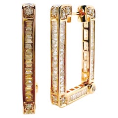 18k Yellow Gold Rectangular Hoop Earrings with 3 Sides of Diamonds