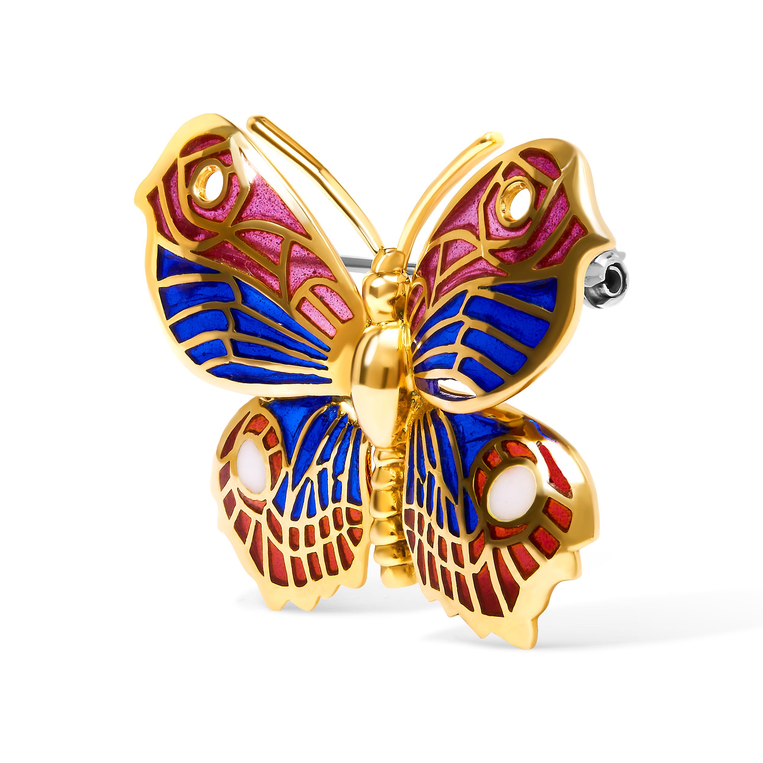 Introducing a mesmerizing piece of artistry, this exquisite 18K Yellow Gold Butterfly Brooch Pin effortlessly captures the essence of nature's vibrant beauty. Crafted with meticulous precision, this enchanting accessory features captivating red,