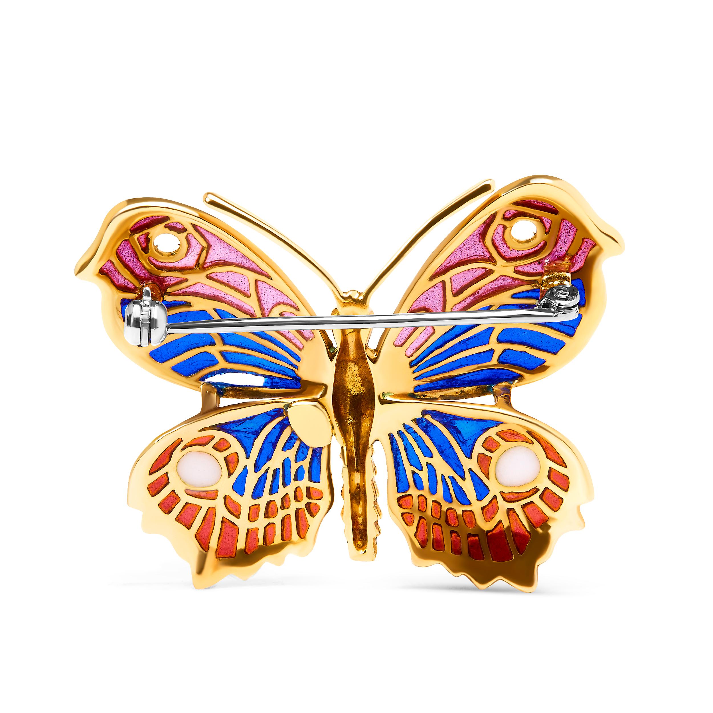 Contemporary 18K Yellow Gold Red, Blue, and White Enameled Butterfly Brooch Pin For Sale