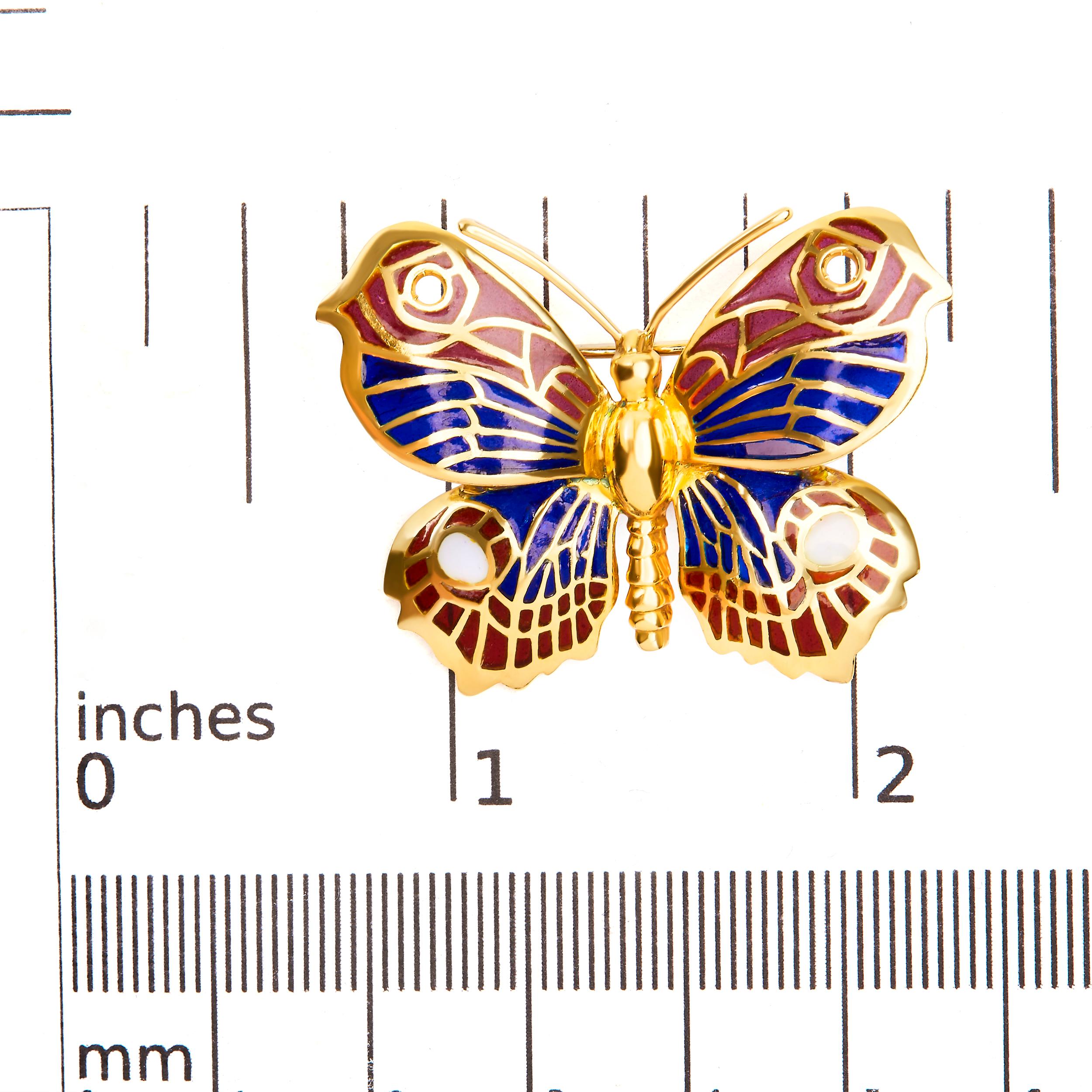 Women's or Men's 18K Yellow Gold Red, Blue, and White Enameled Butterfly Brooch Pin For Sale