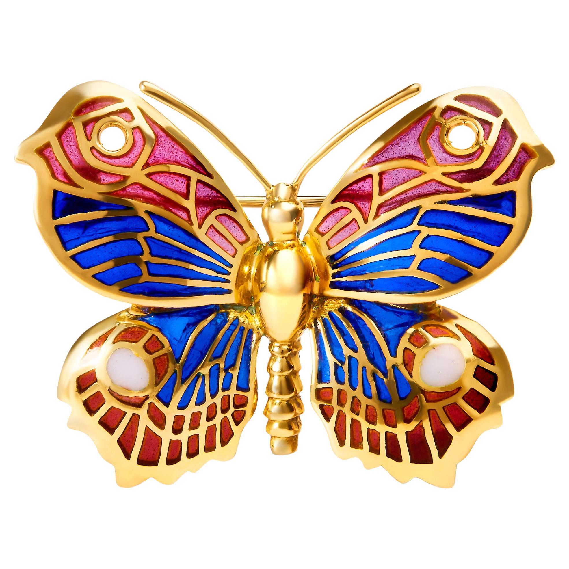 18K Yellow Gold Red, Blue, and White Enameled Butterfly Brooch Pin For Sale