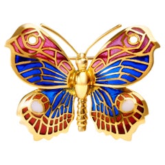 18K Yellow Gold Red, Blue, and White Enameled Butterfly Brooch Pin