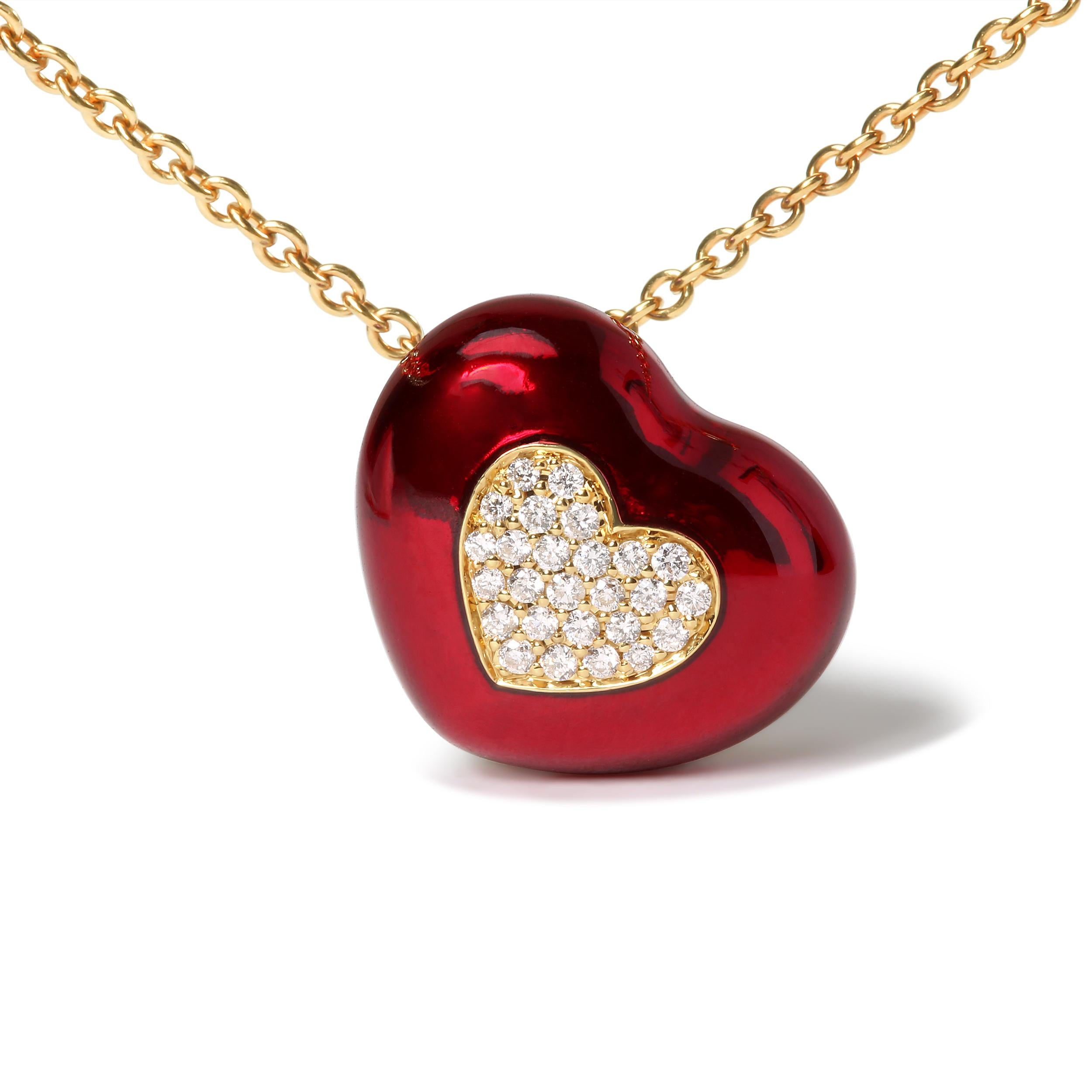 Show her your heart is all in with this meaningful pendant necklace crafted of genuine 18k yellow gold with red enamel. The red enamel outlines a heart silhouette while inside rests a cluster of round, prong-set diamonds also forming a heart motif.