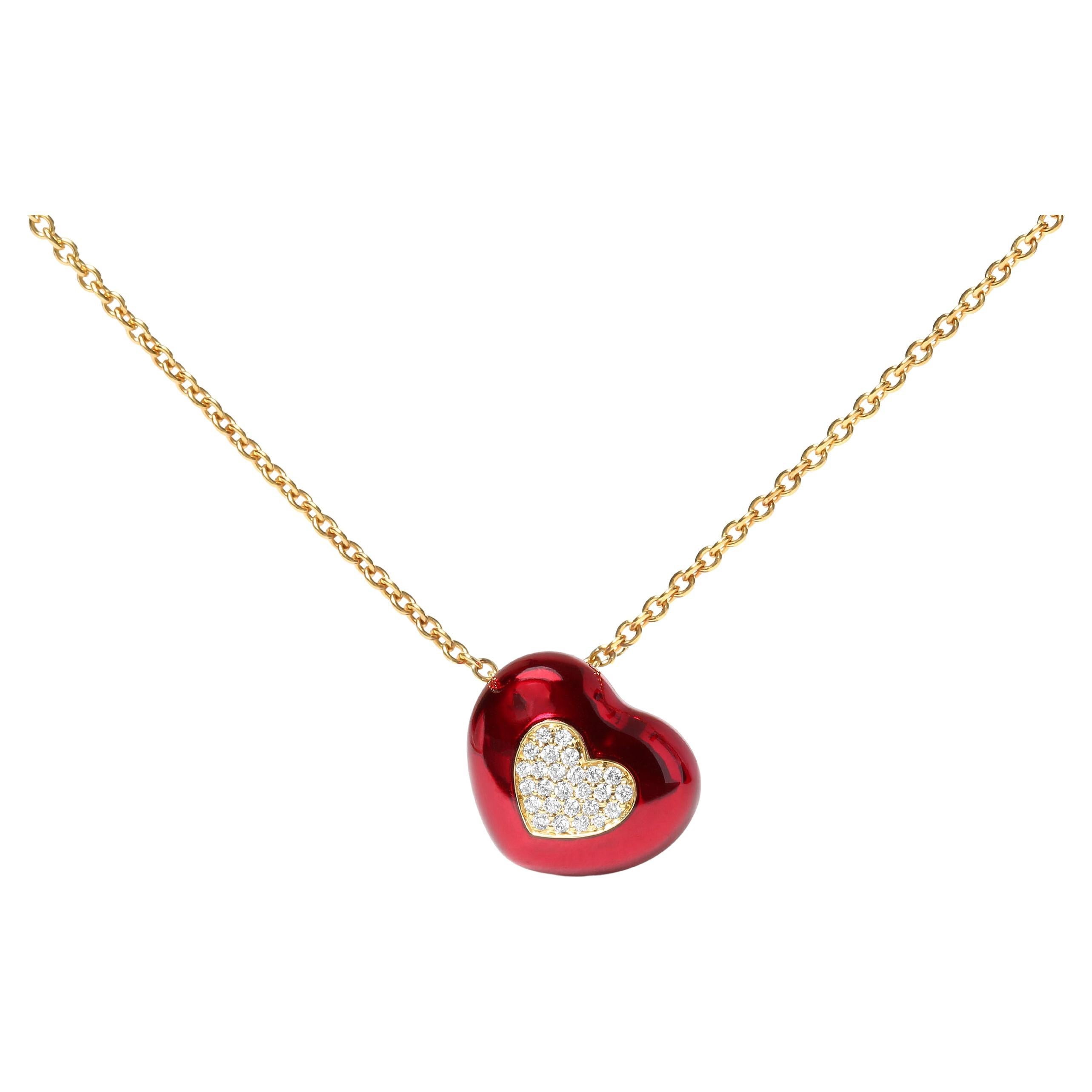 18K Yellow Gold Red Enamel 1/10 Carat Diamonds Heart Shape Pendant Necklace