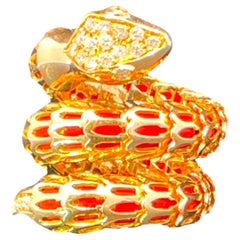 18 Karat Gelbgold Roter Emaille & Diamant Schlangenwirbel-Ring