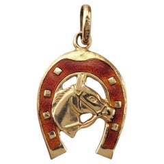 18K Yellow Gold & Red Enamel Horseshoe Pendant #17444