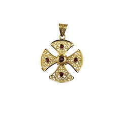 18K Yellow Gold Red Gemstone Byzantine Cross Pendant #22444