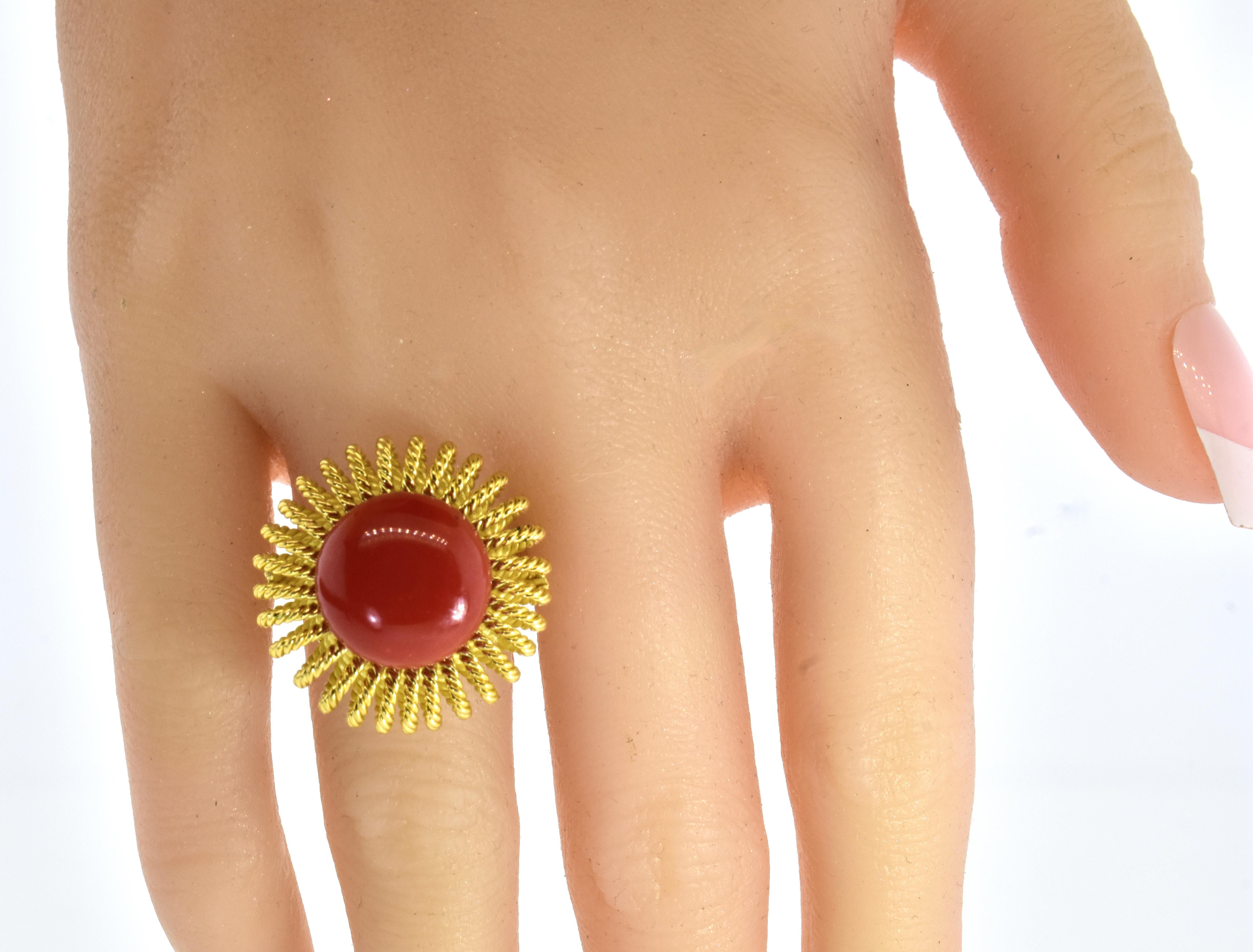 18K Yellow Gold & Red Mediterranean Oxblood Coral Earrings & Ring, C. 1950 5