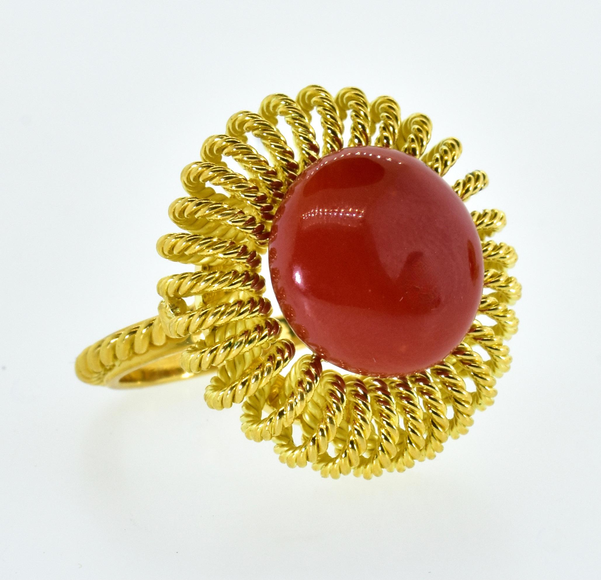 18K Yellow Gold & Red Mediterranean Oxblood Coral Earrings & Ring, C. 1950 In Excellent Condition In Aspen, CO