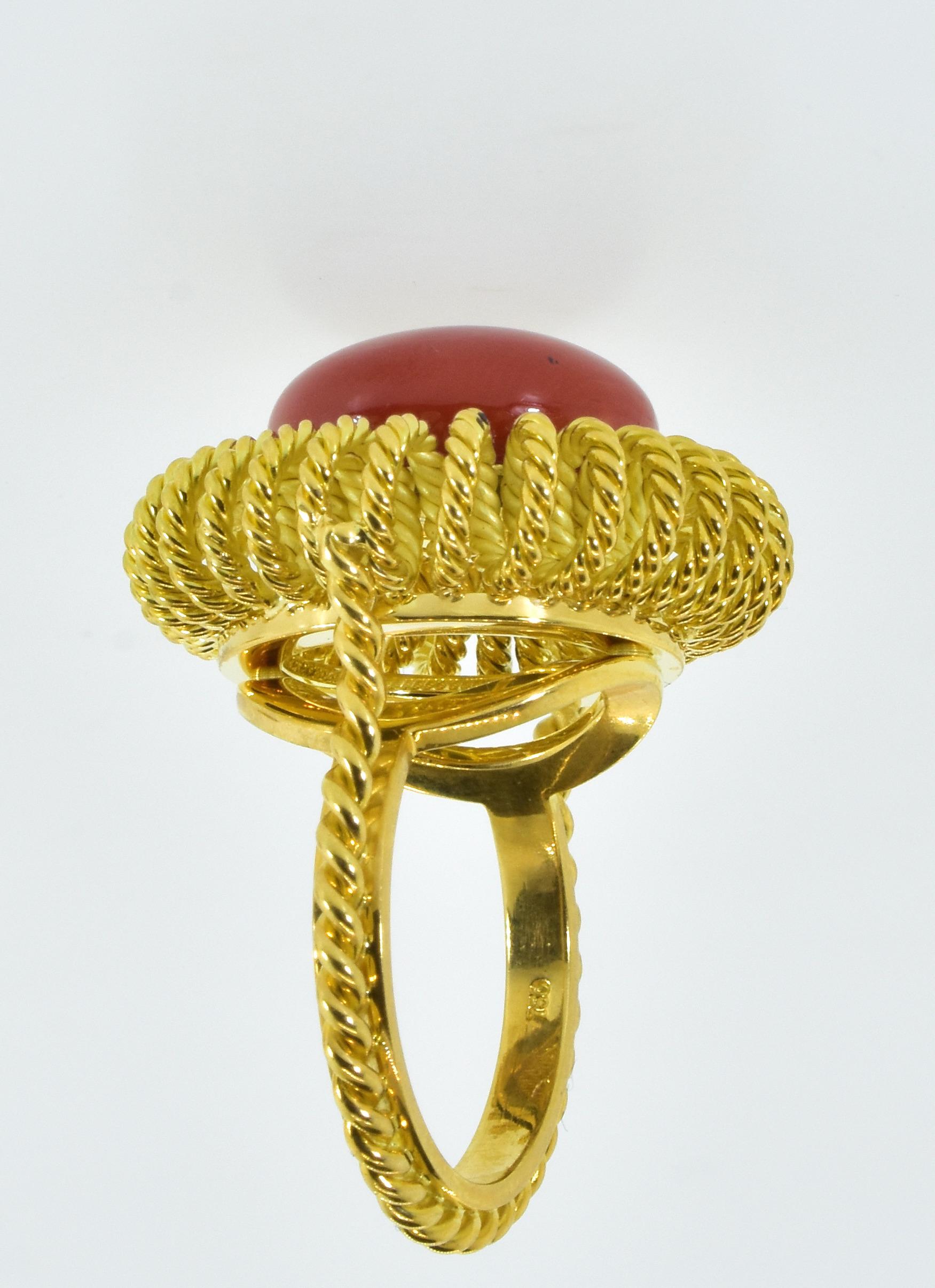 Women's or Men's 18K Yellow Gold & Red Mediterranean Oxblood Coral Earrings & Ring, C. 1950