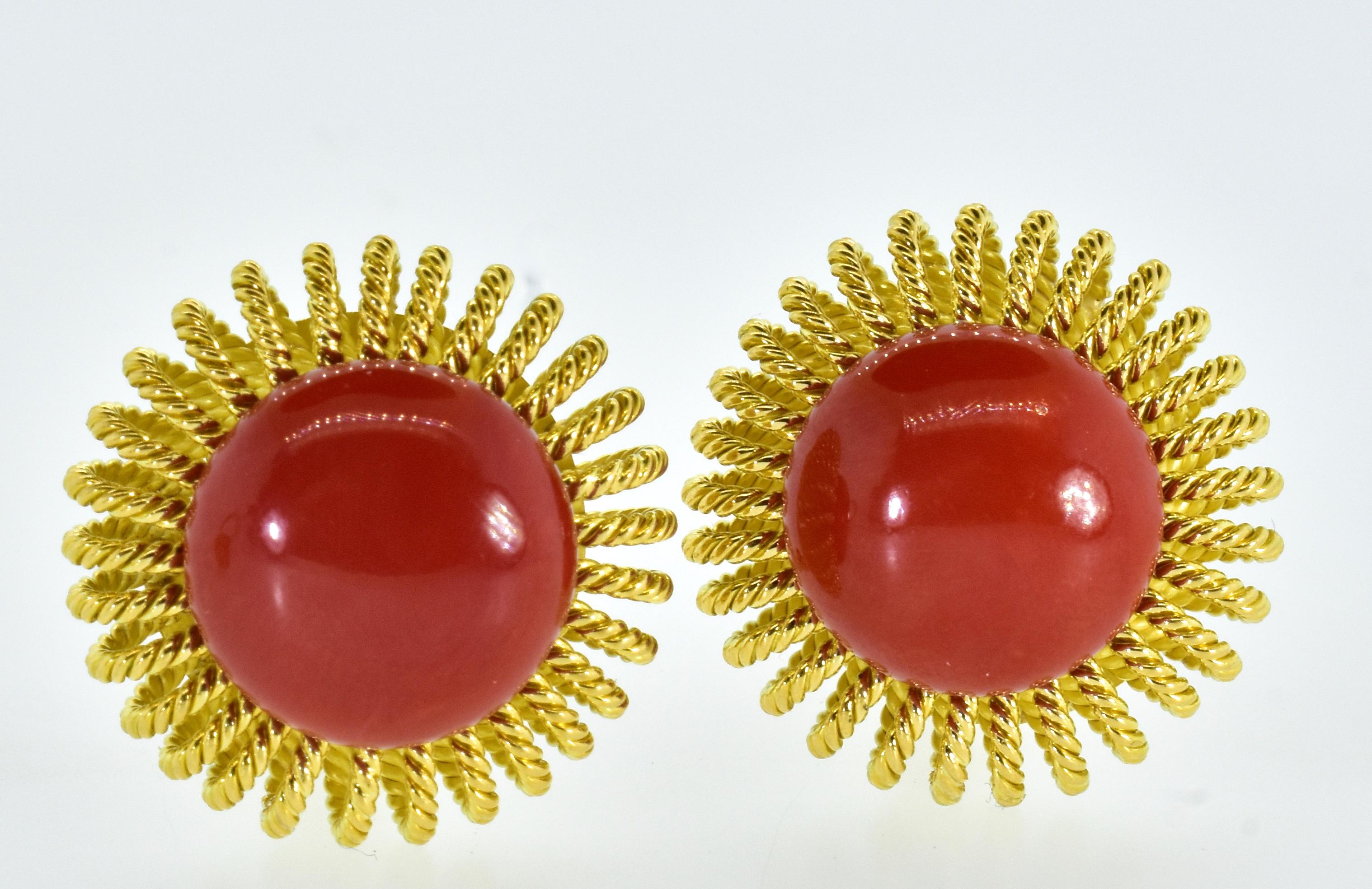 18K Yellow Gold & Red Mediterranean Oxblood Coral Earrings & Ring, C. 1950 1