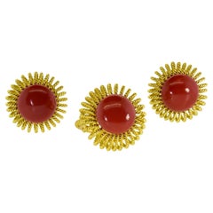 18K Yellow Gold & Red Mediterranean Oxblood Coral Earrings & Ring, C. 1950